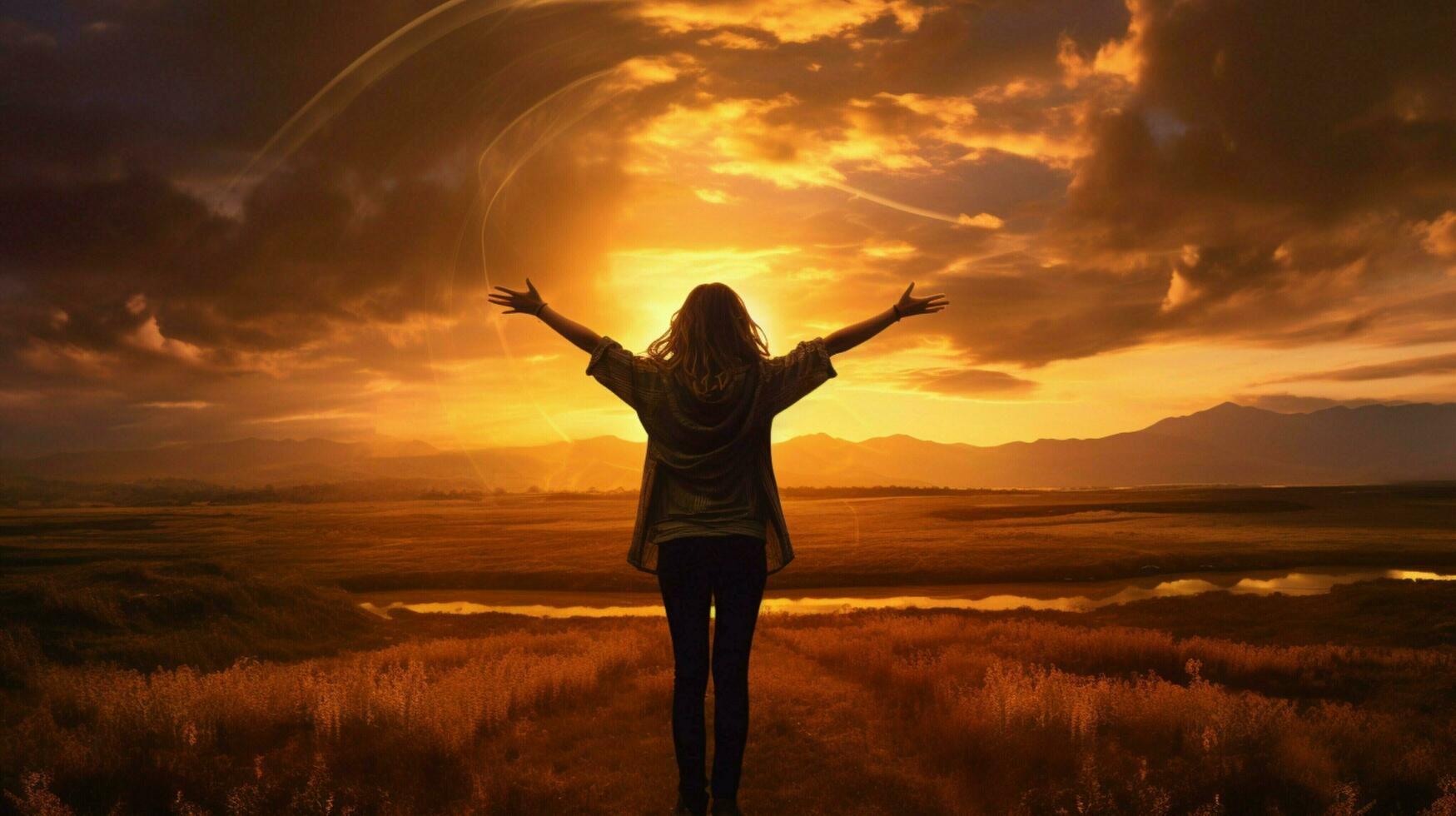 a person with their arms outstretched in front of a sunset photo