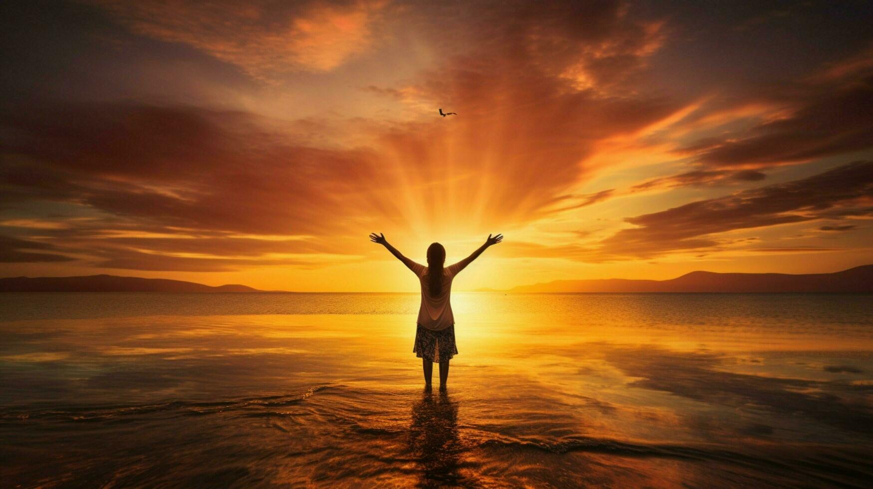 a person with their arms outstretched in front of a sunset photo
