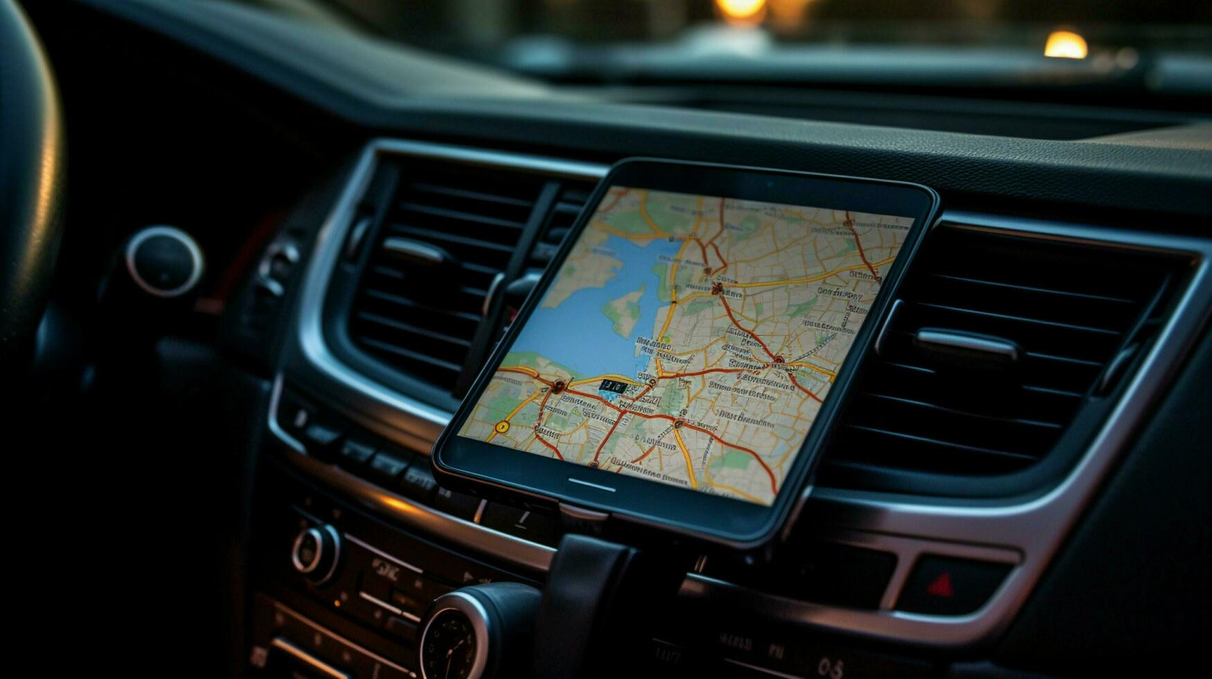 a phone in a car with a map on the screen photo