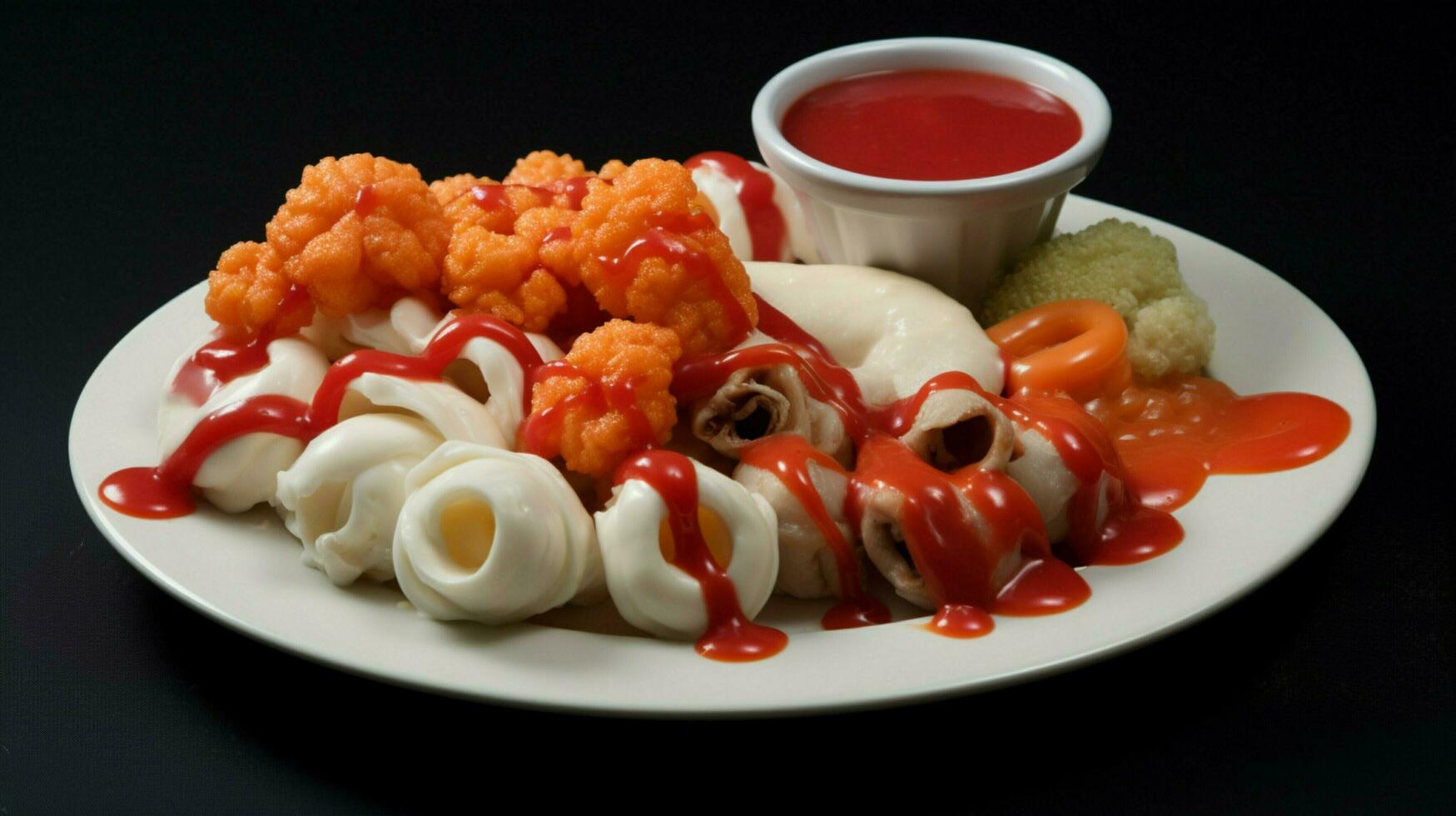 un plato de comida con un lado de salsa foto