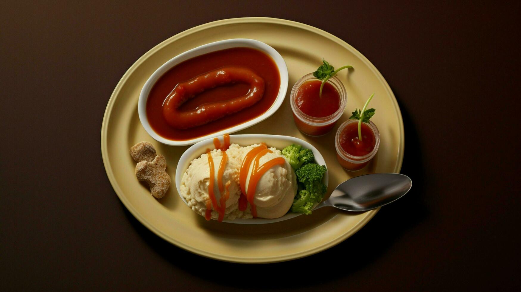 a plate of food with a side of sauce photo