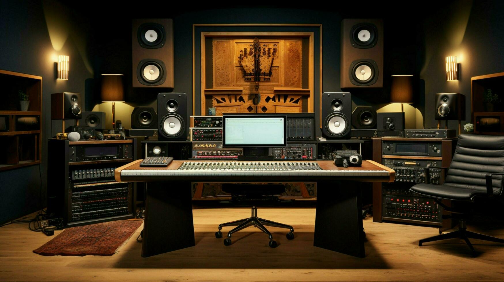 a recording studio with a sound board and a monitor photo