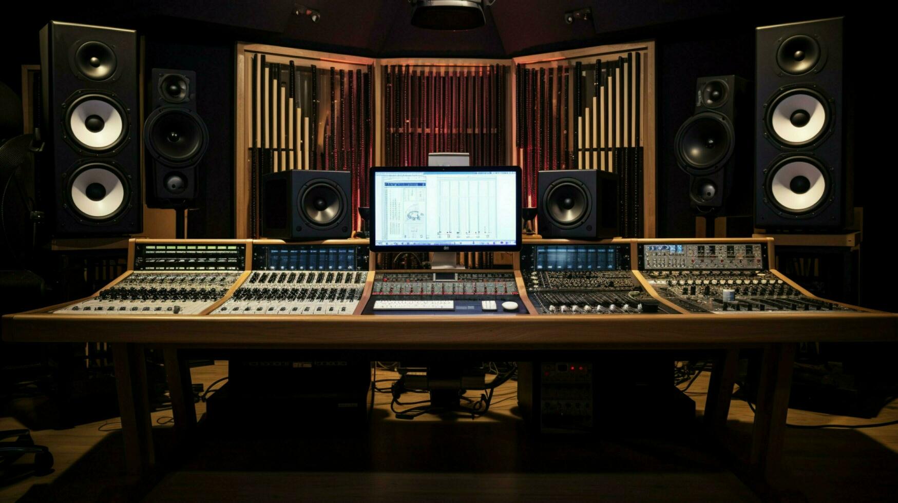 a recording studio with a sound board and a monitor photo