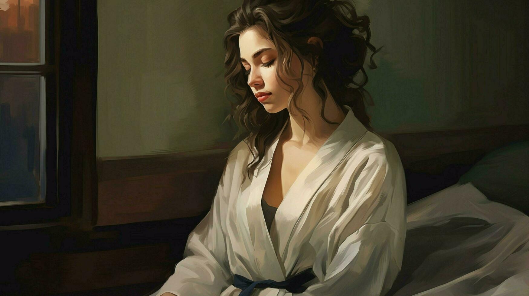a serene young woman sitting eyes closed in a bath robe photo
