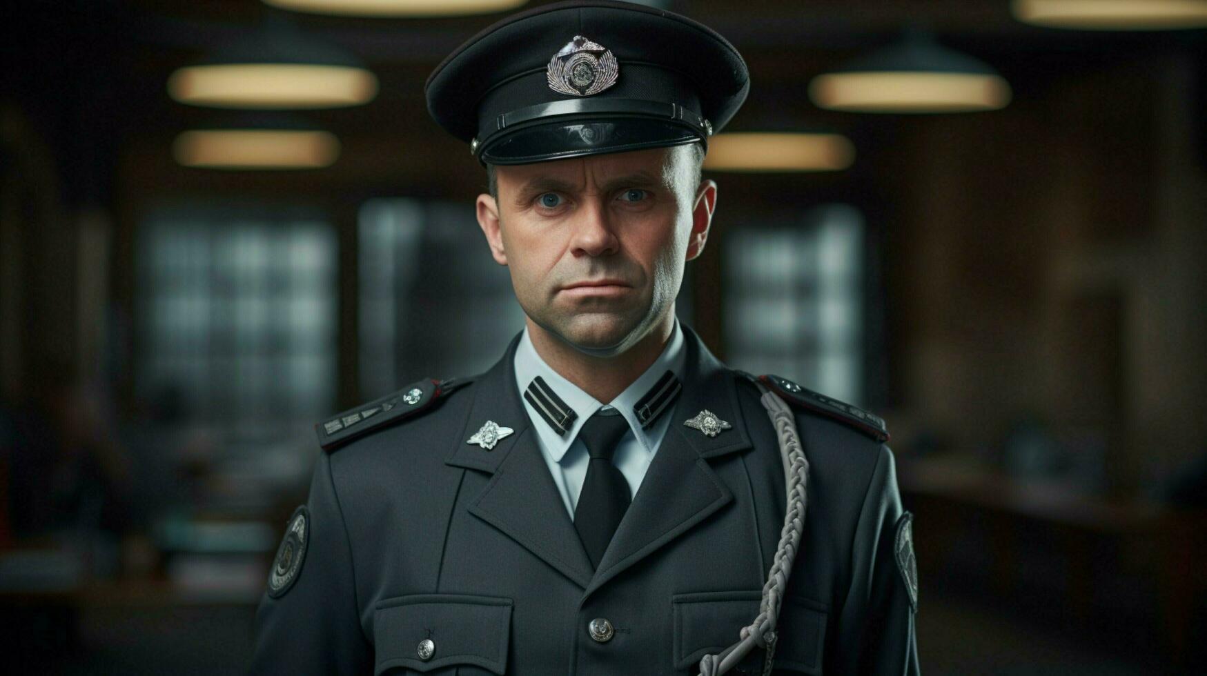 a serious police officer in uniform looking confidently photo