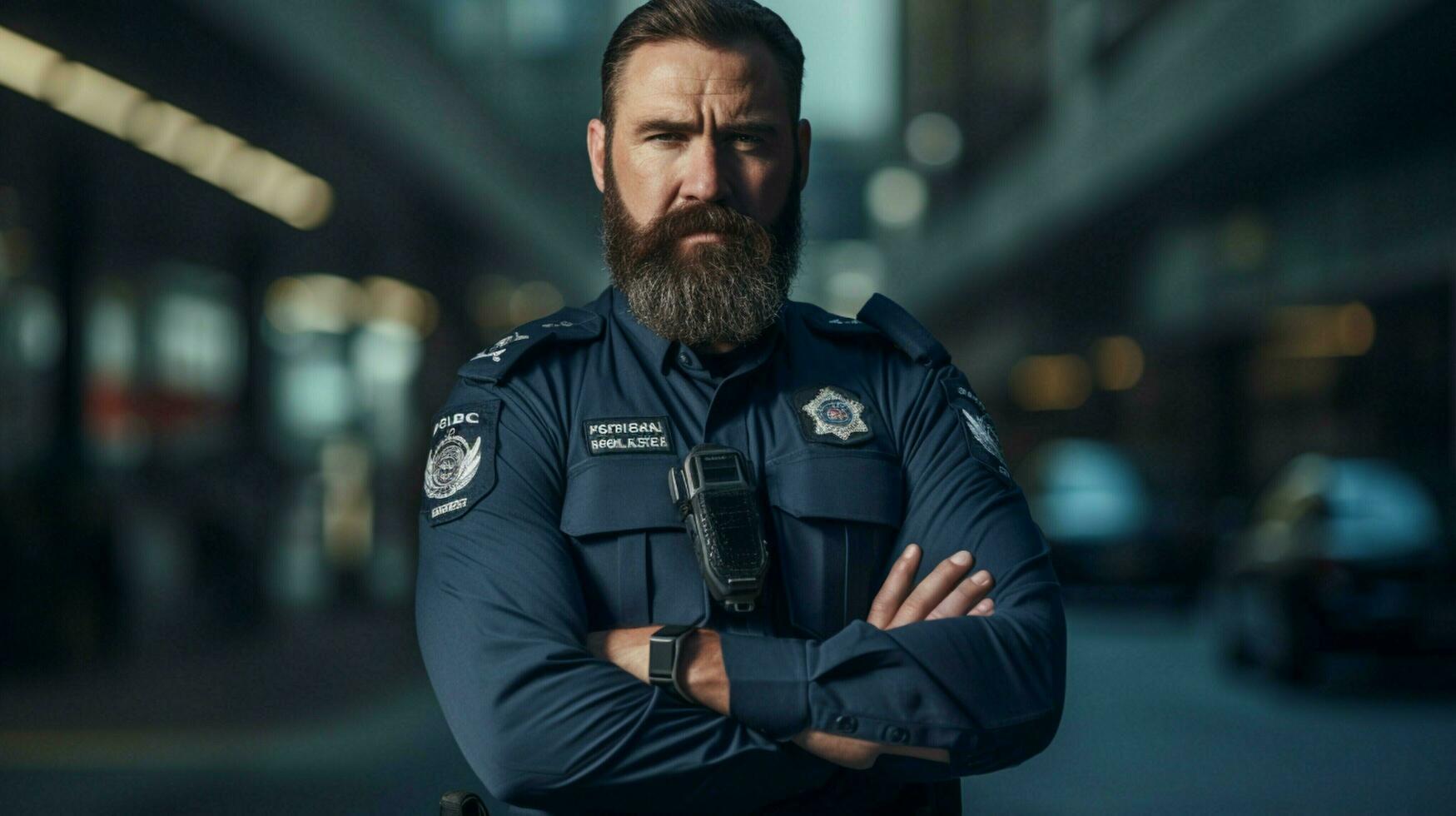 a serious police officer in uniform looking confidently photo