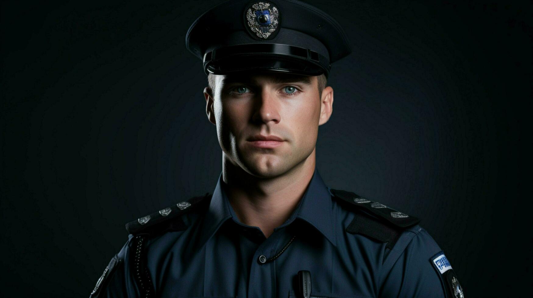 a serious police officer in uniform looking confidently photo