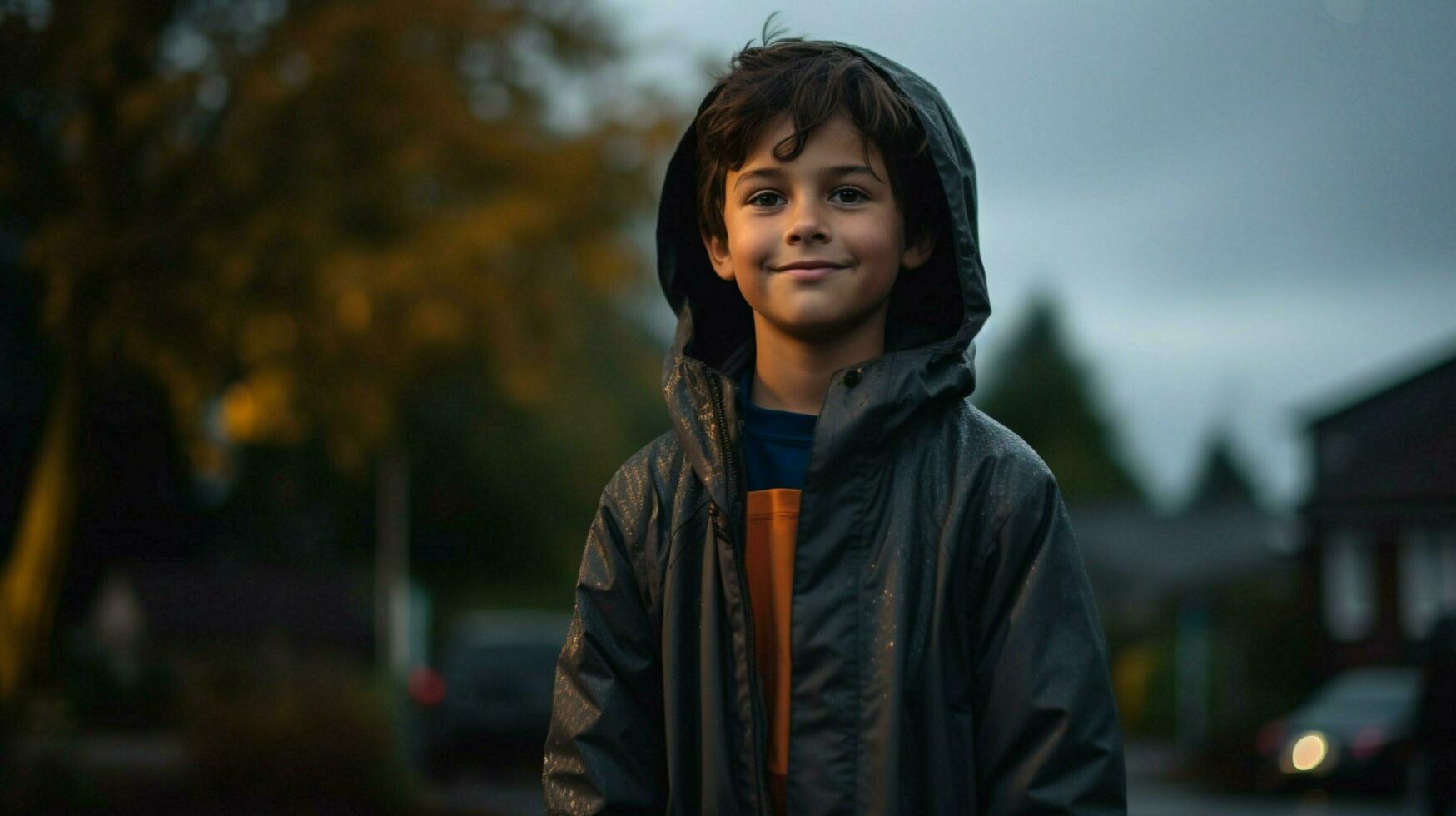 a smiling boy standing outdoors looking at camera photo