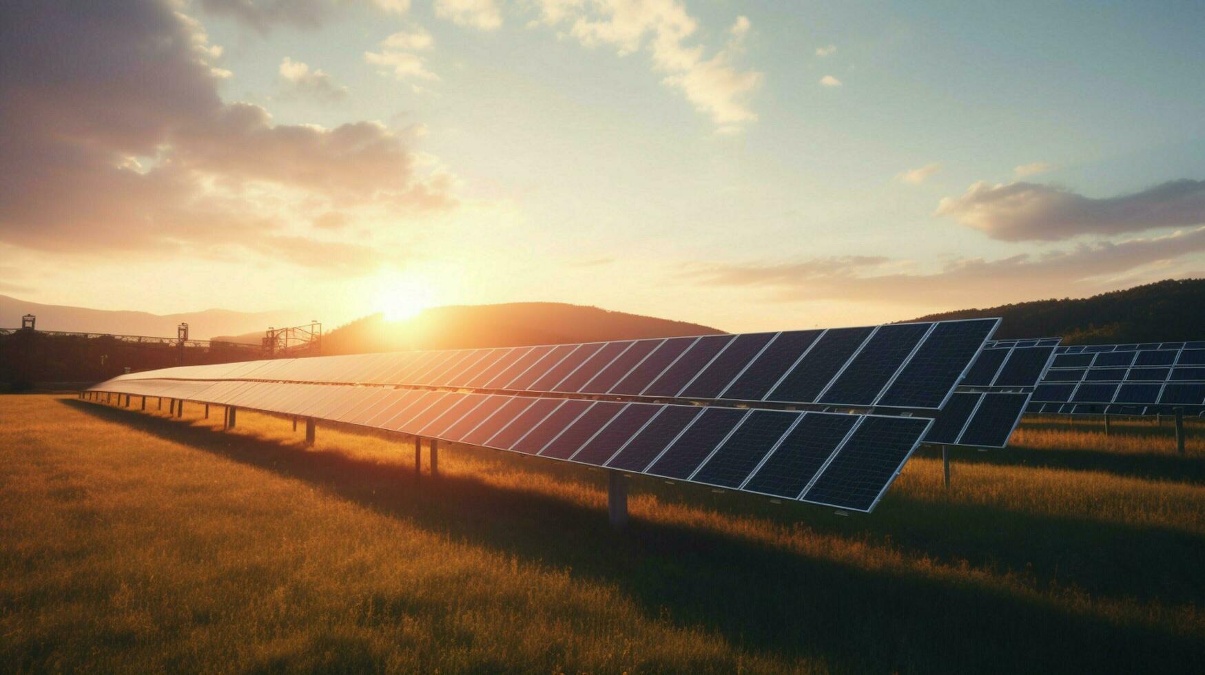 a solar farm in the field with a sunset in the background photo