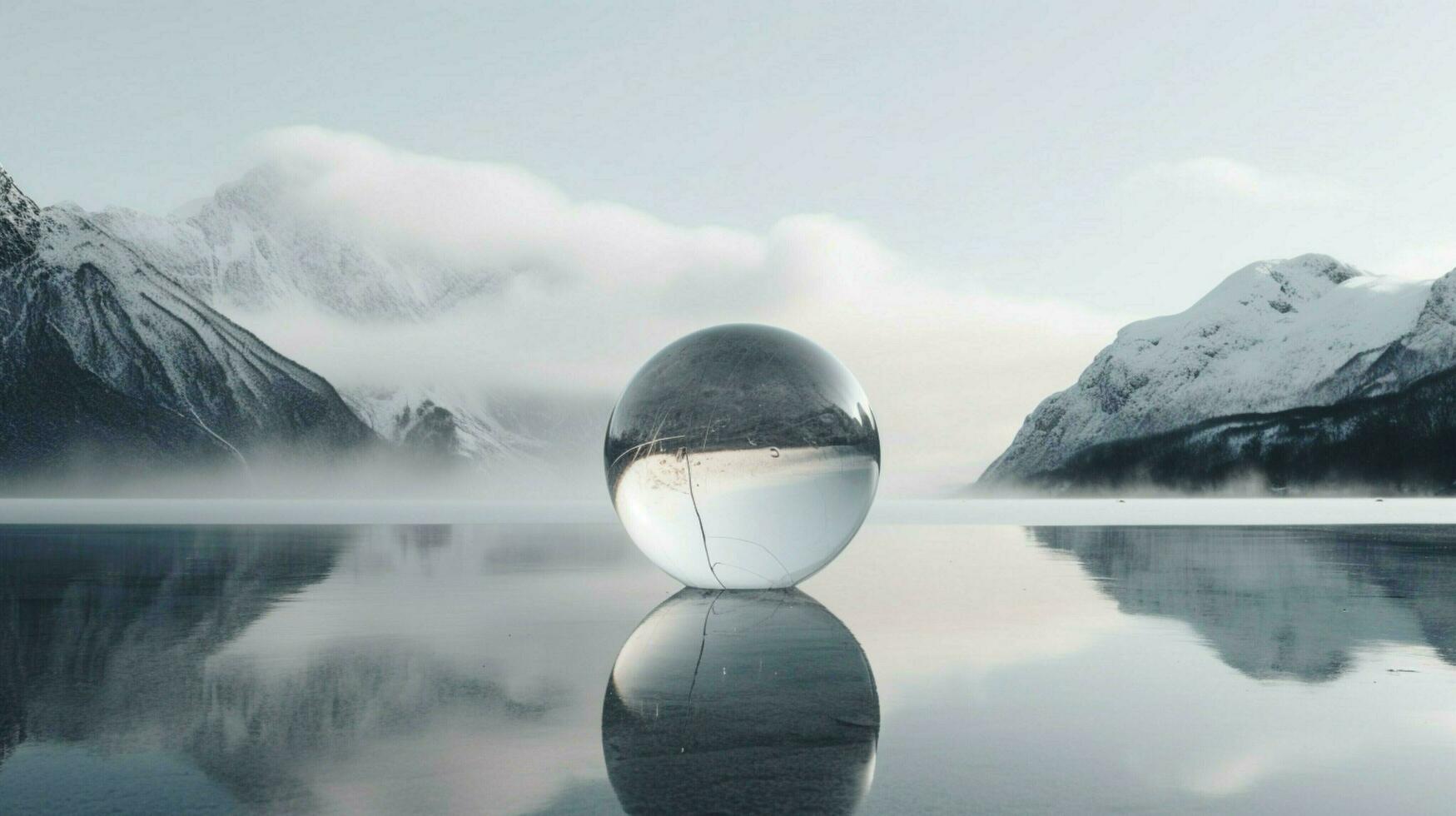 a sphere on a frozen lake with mountains on the top photo