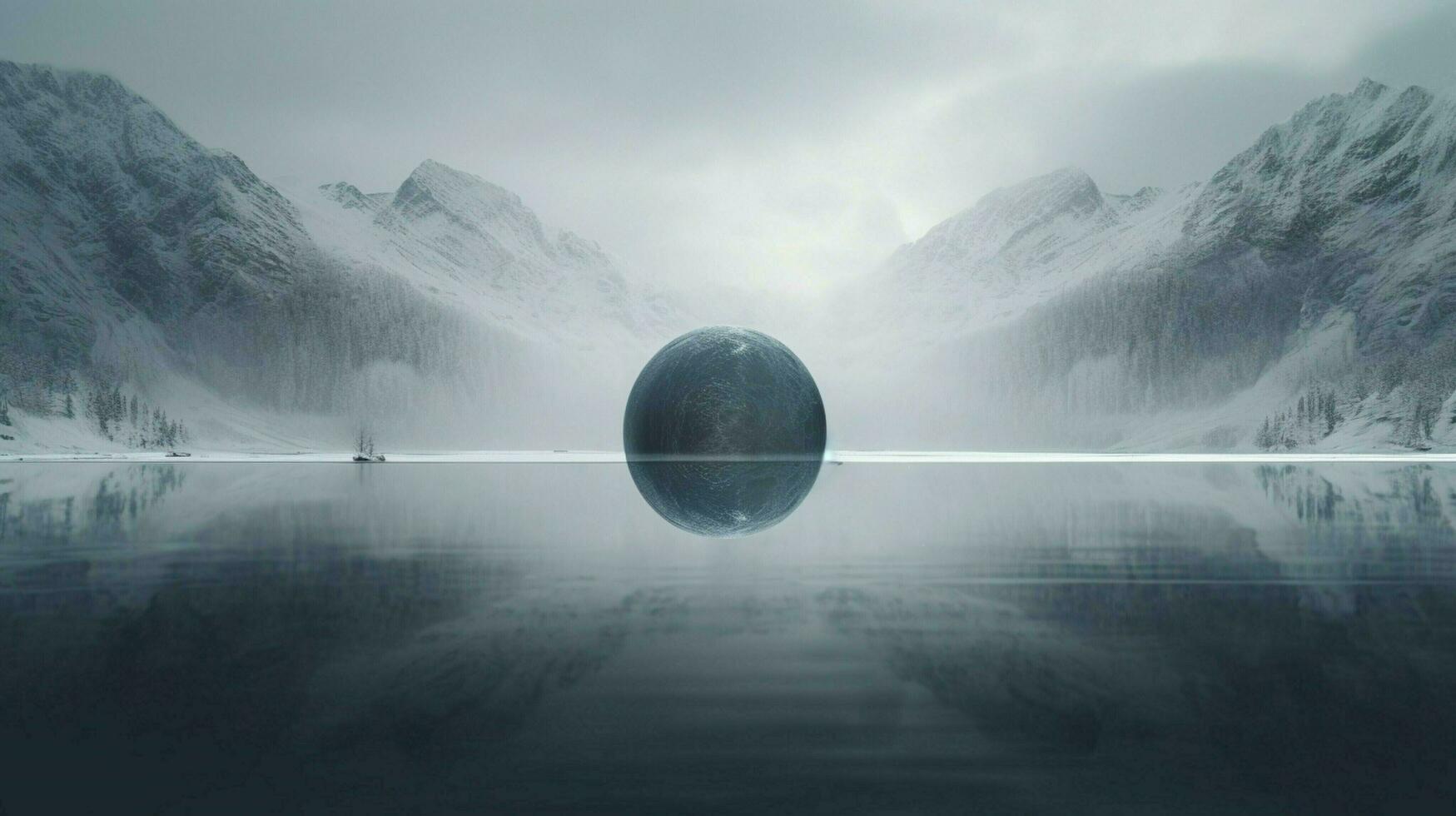 a sphere on a frozen lake with mountains on the top photo