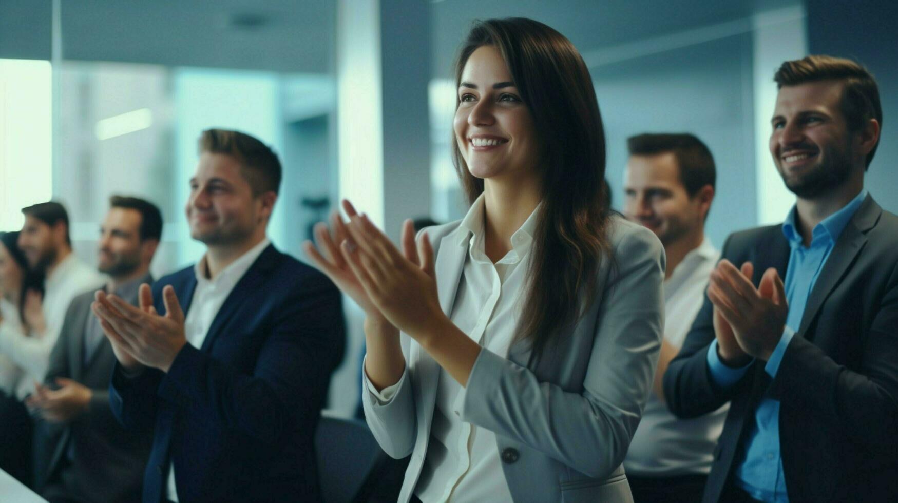 a successful business team presenting smiling and applaud photo