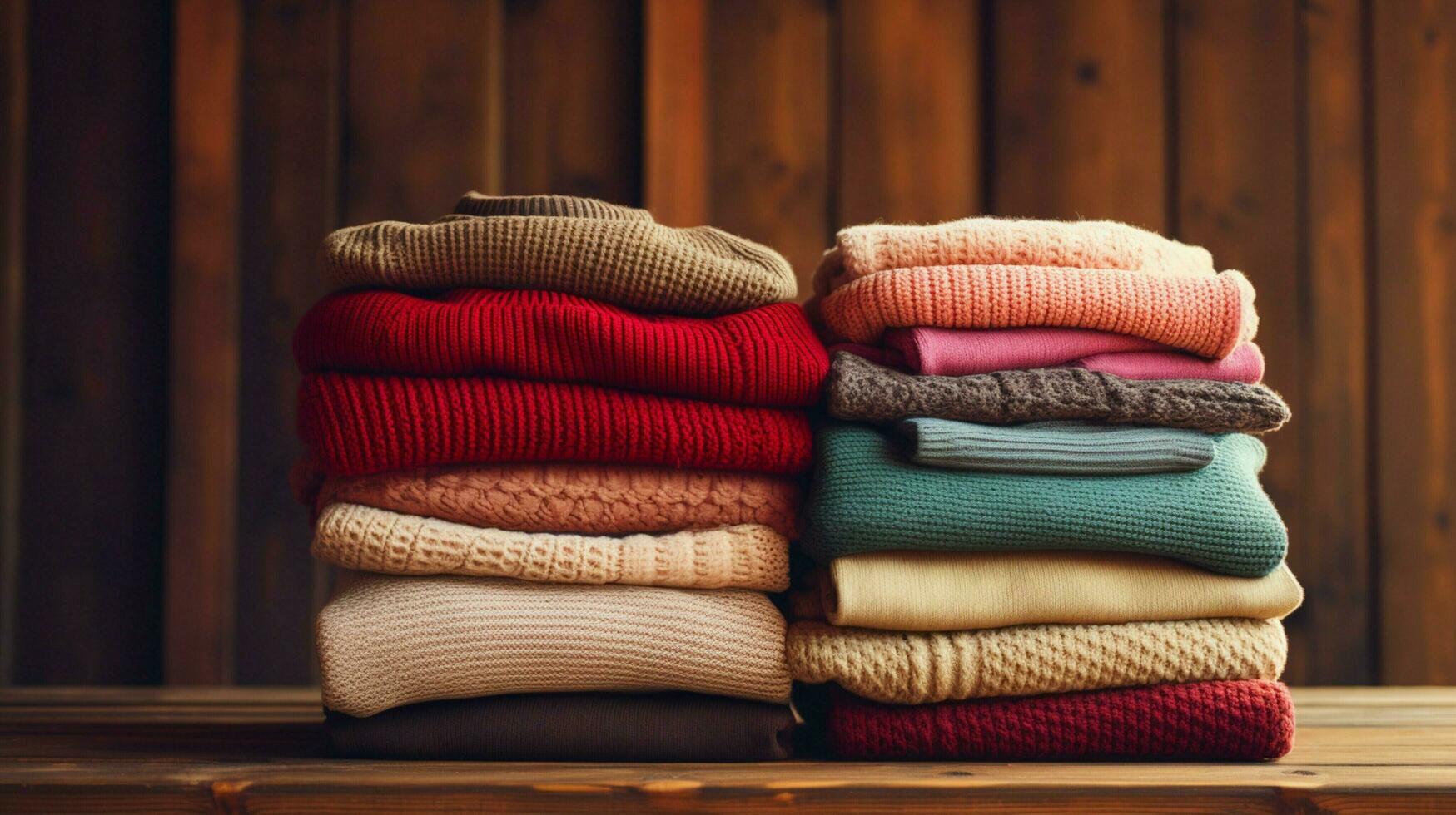 a stack of sweaters on a wooden table photo