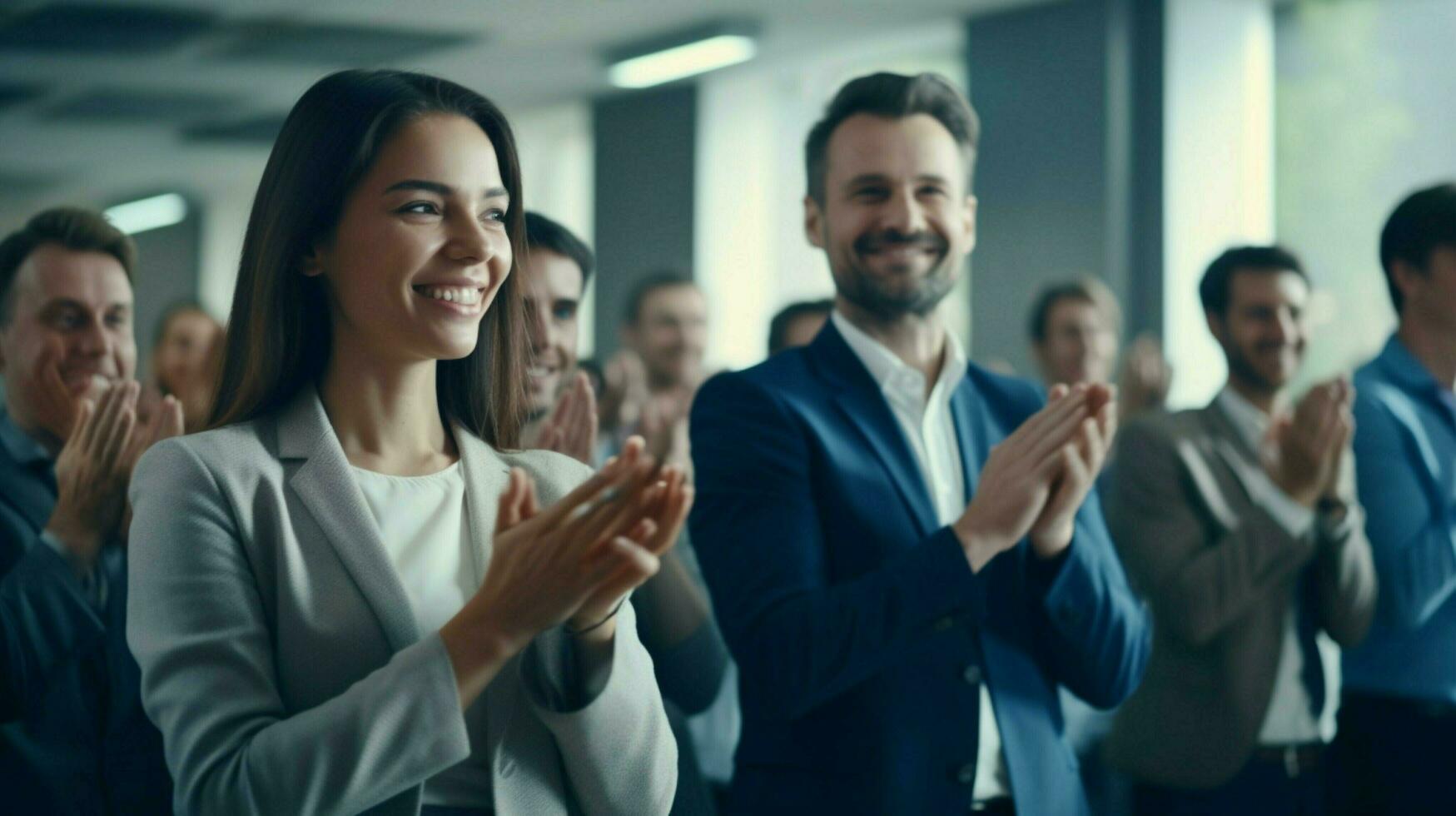 a successful business team presenting smiling and applaud photo