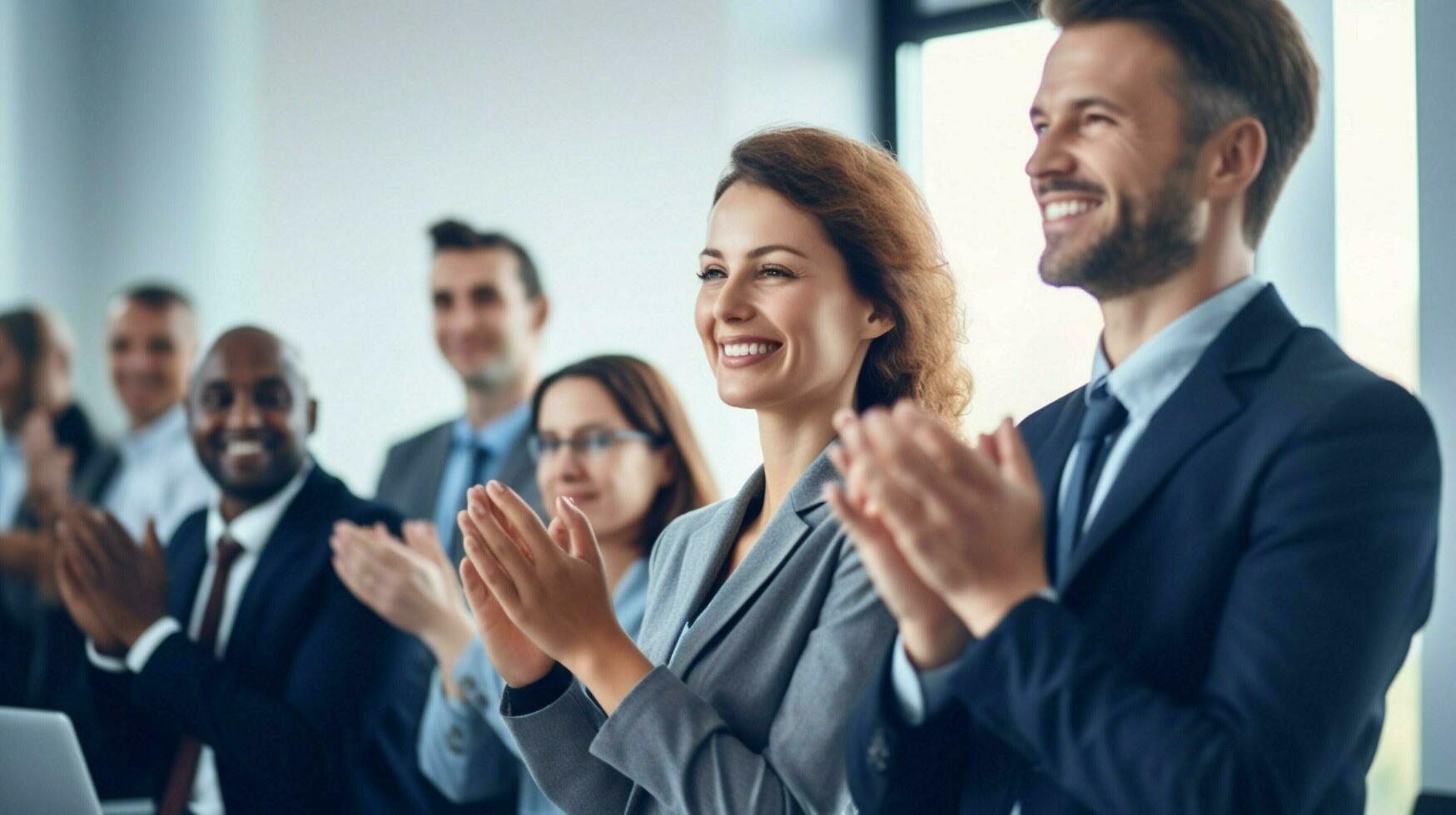 a successful business team presenting smiling and applaud photo