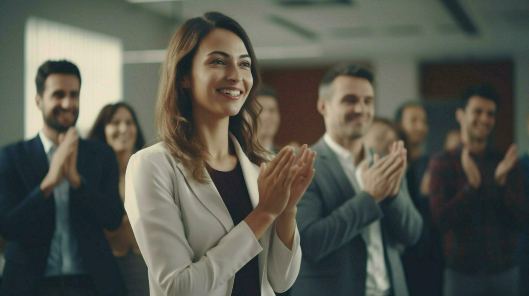 a successful business team presenting smiling and applaud photo