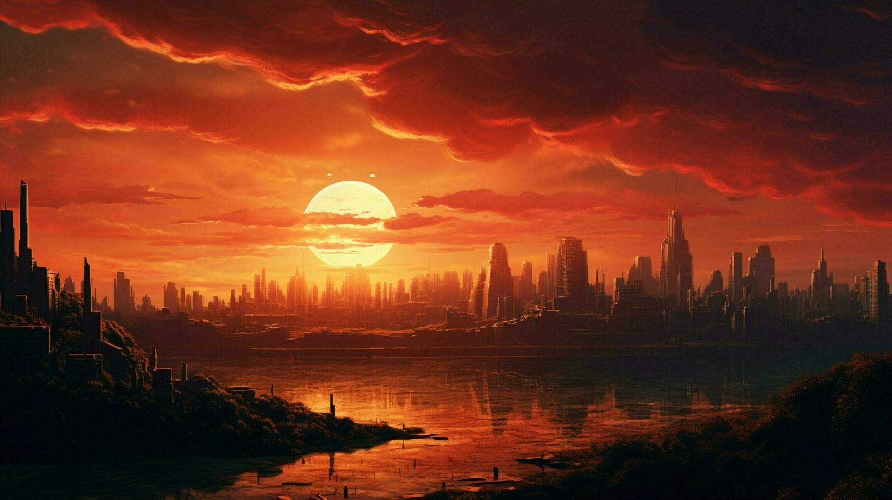 a sunset over a city with the sun setting behind it photo