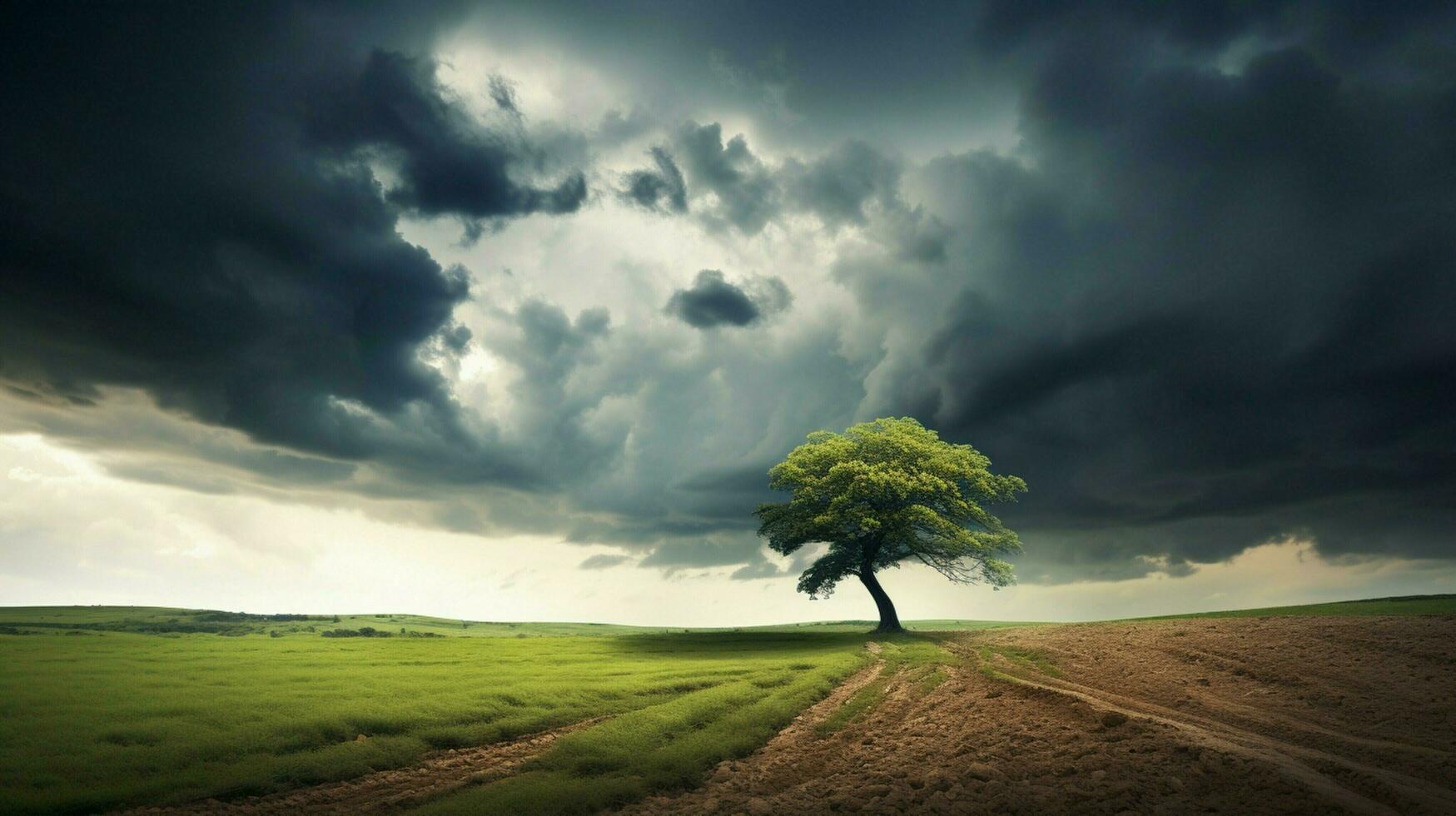 a tree in a field with a stormy sky photo