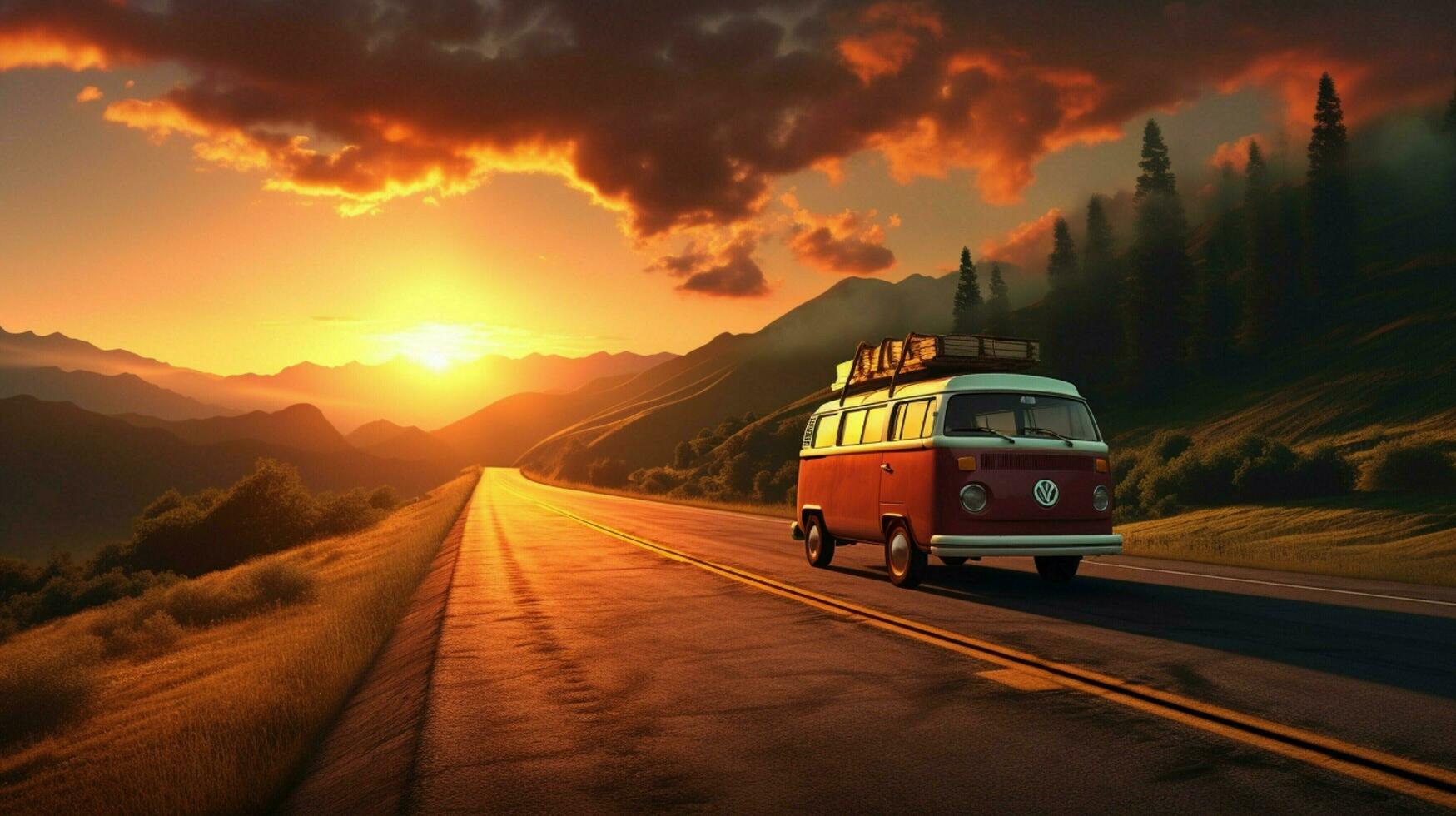 a van driving down a road with the sun setting behind it photo