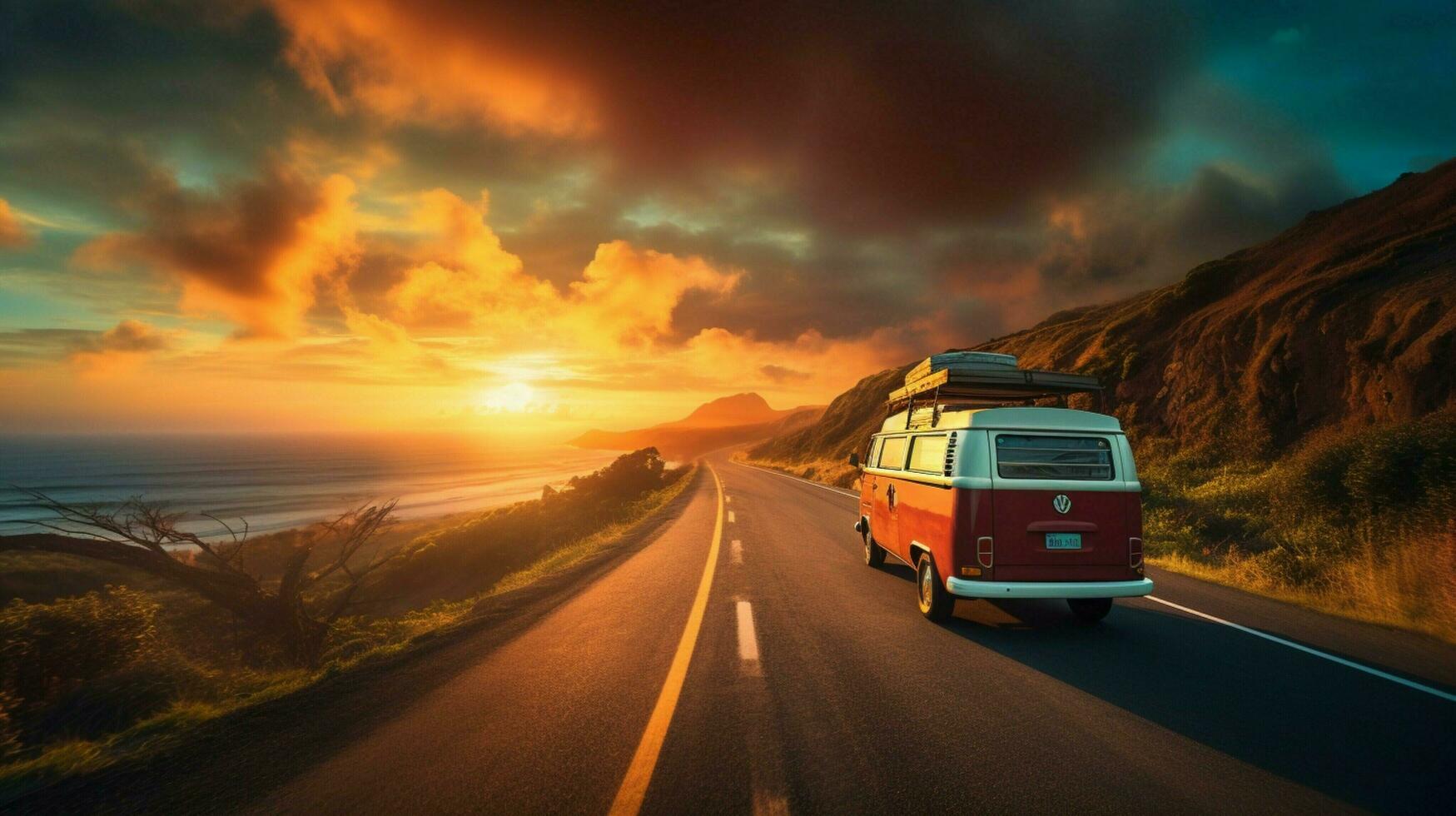 a van driving down a road with the sun setting behind it photo