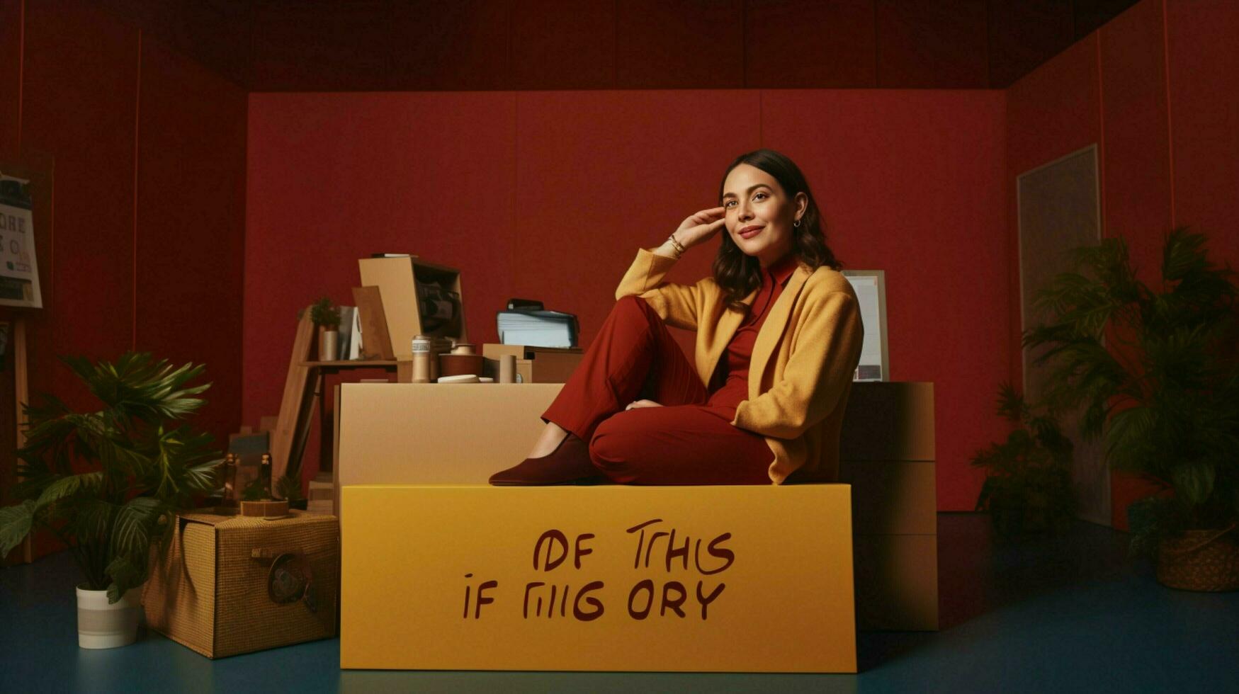 a woman sits at a desk in front of a box photo