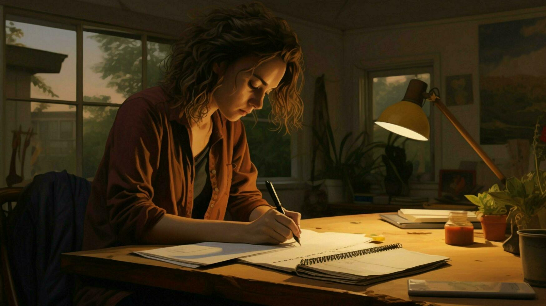 a woman sits at a desk in an office writing on a piece photo