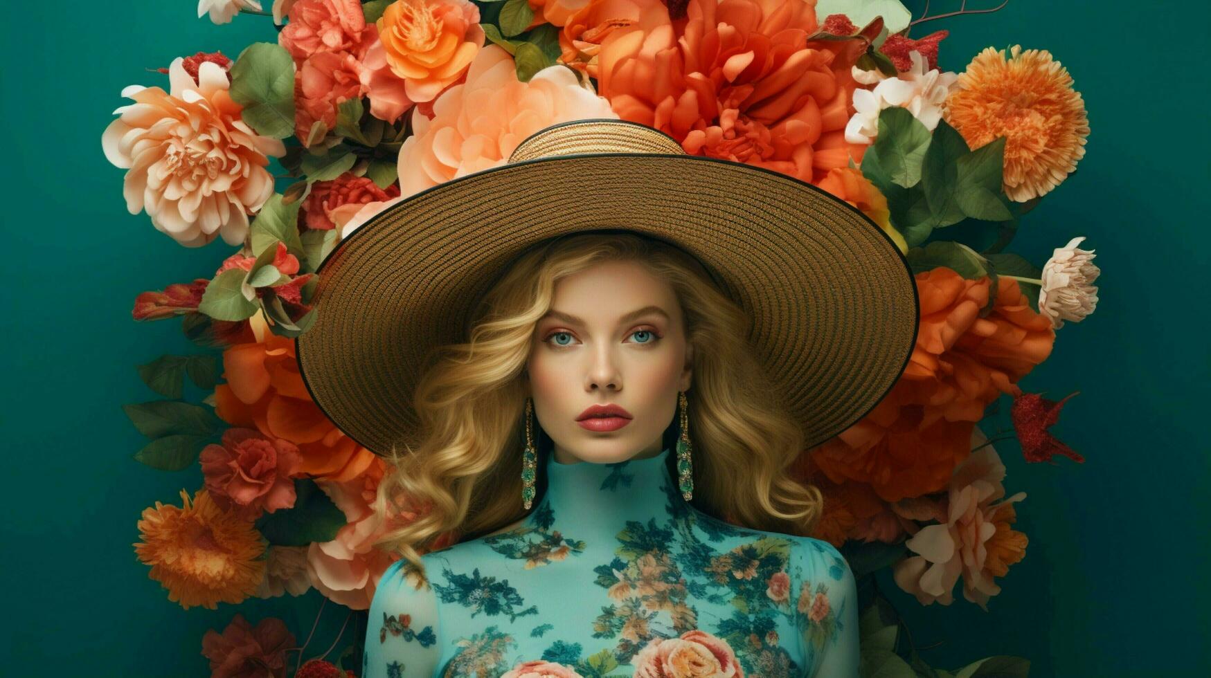 a woman wearing a large hat with a floral pattern on it photo