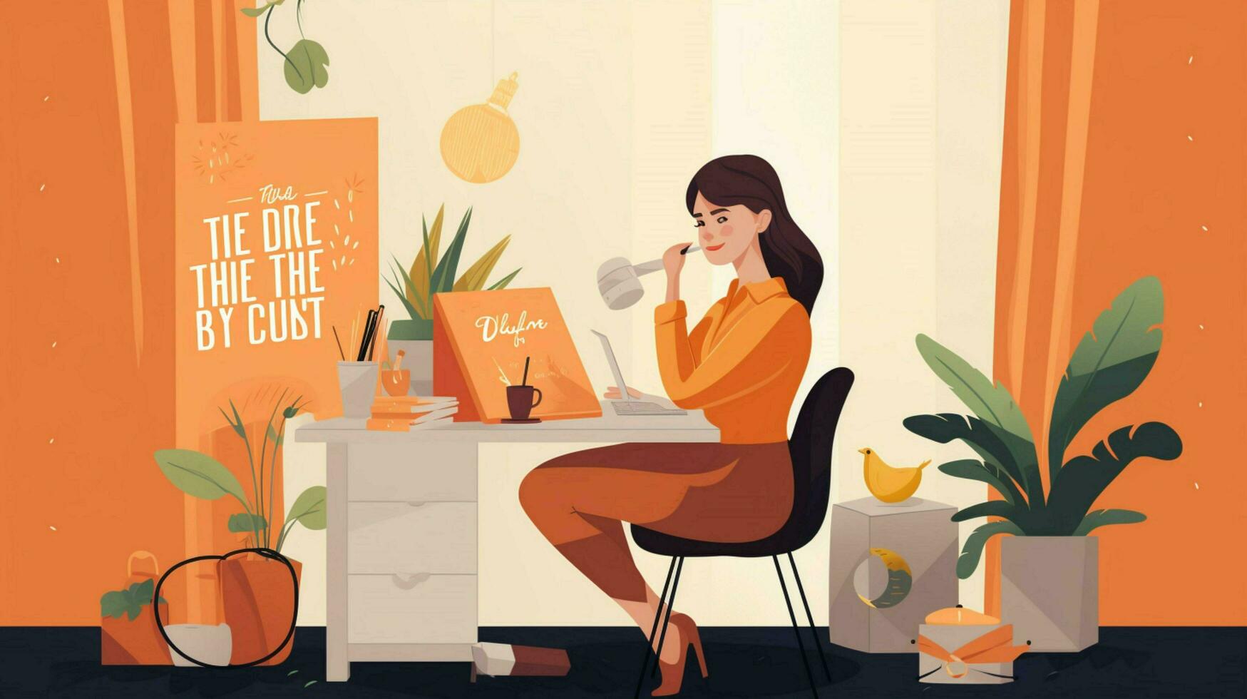 a woman sits at a desk in front of a box photo