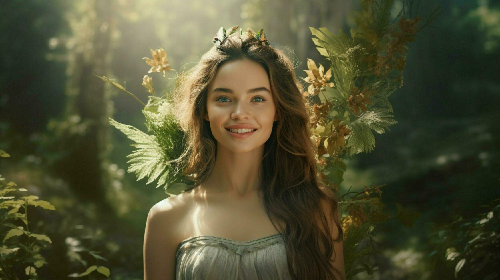 a young woman smiling looking at camera surrounded by nature photo