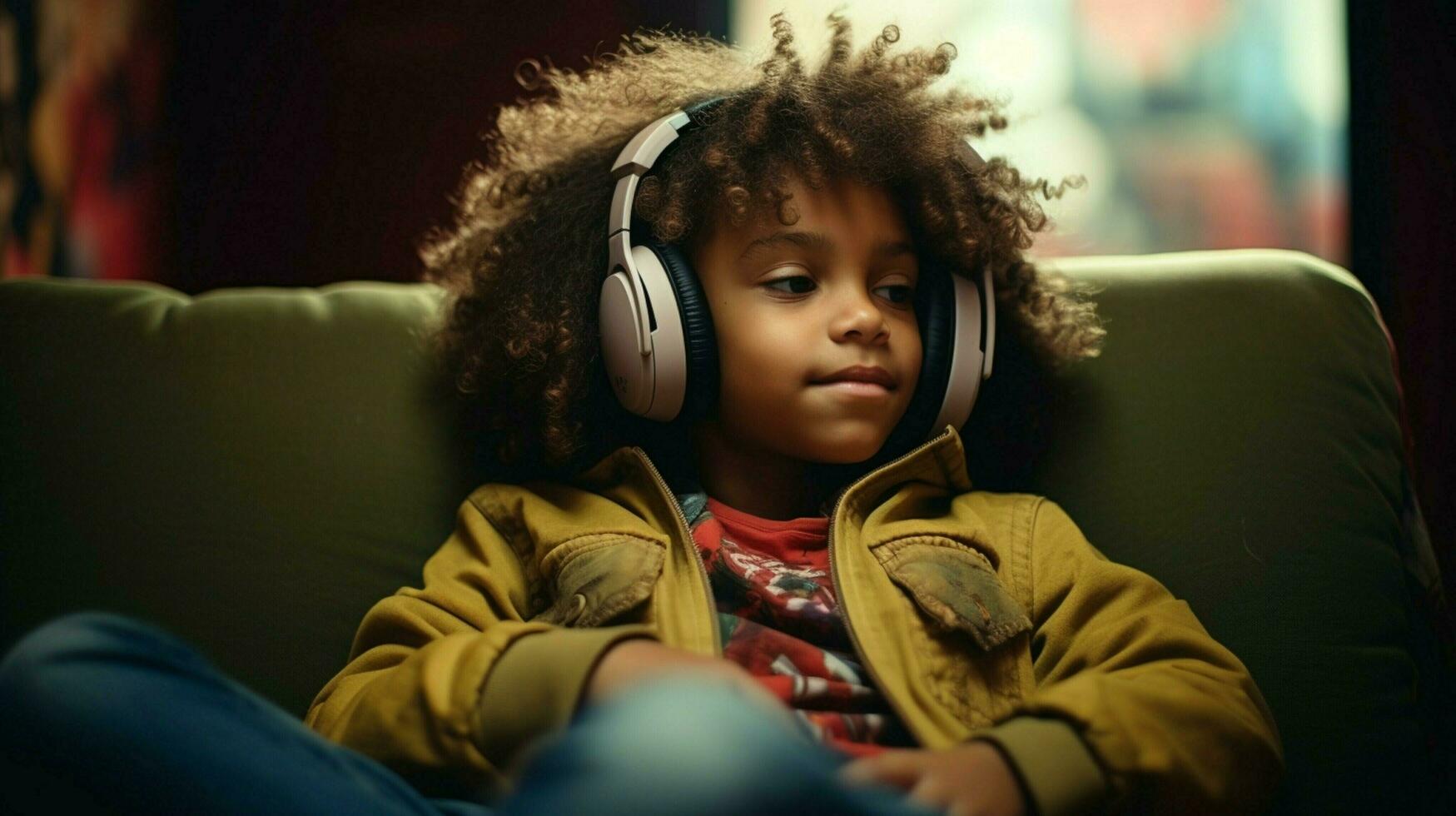 african child sitting indoors listening to headphones photo