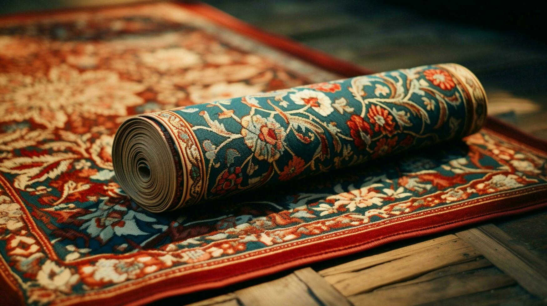 ancient rug rolled up ornate embroidery design photo