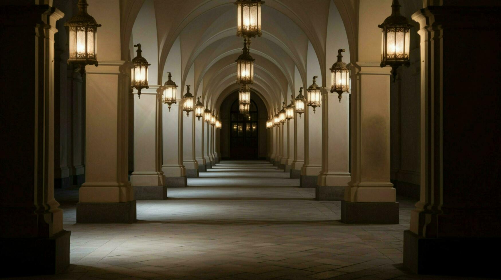 ancient lantern illuminates historic catholic hallway photo