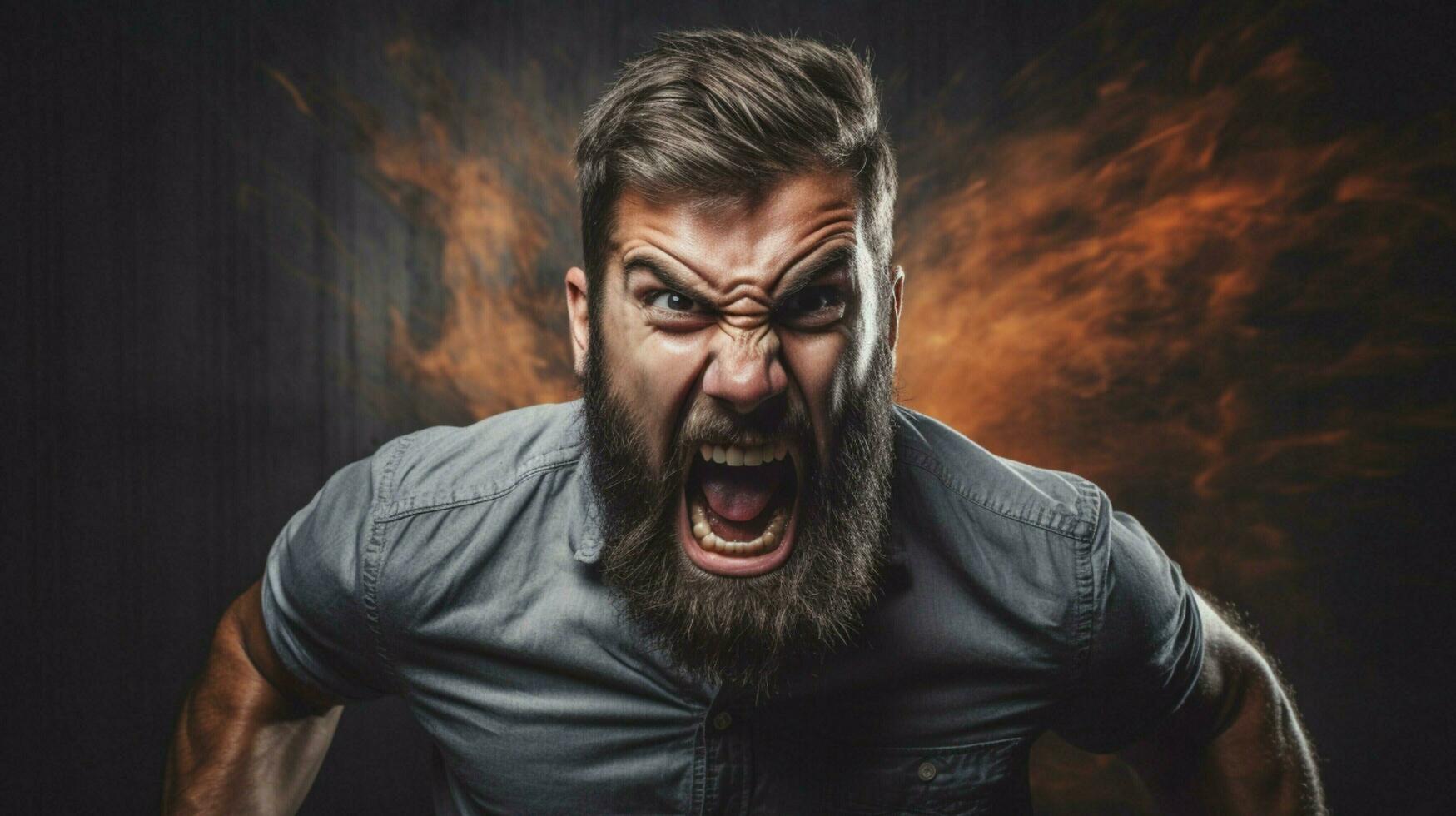 angry young adult with beard and aggression photo