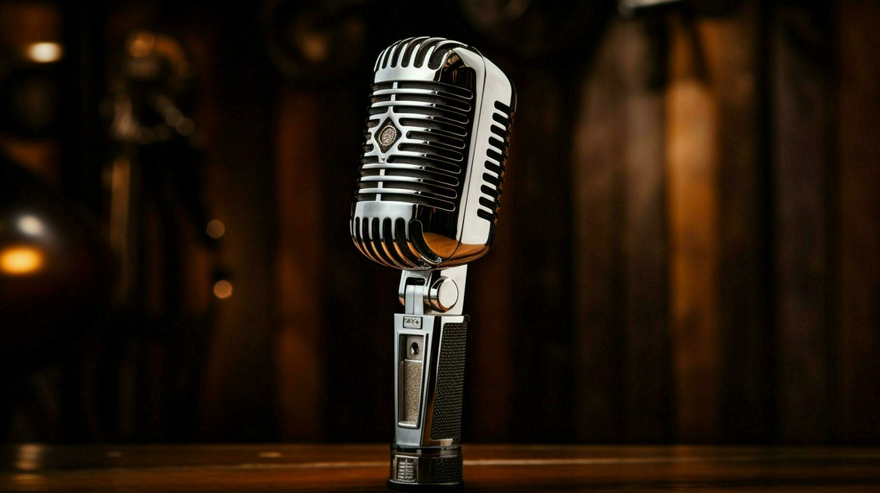 antique microphone on chrome surface broadcasting stage photo