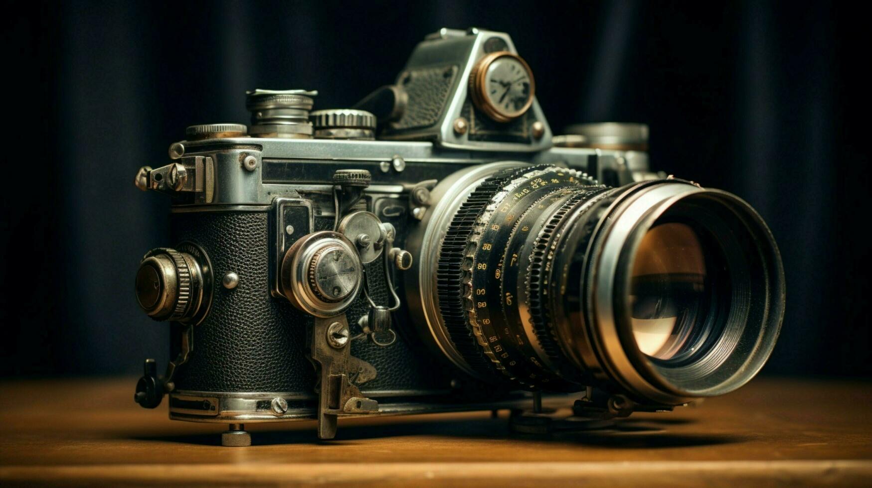 antique slr camera with telelens zooms photo