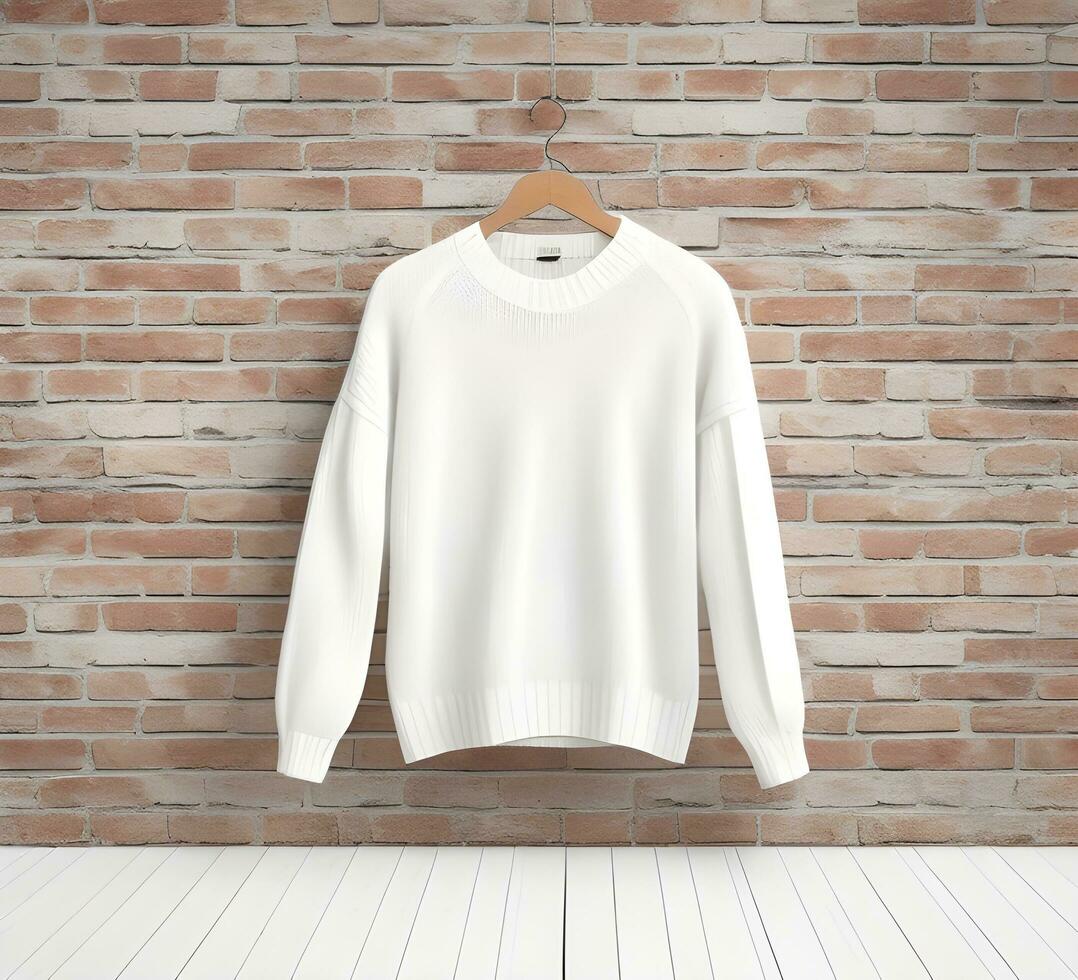 White sweater Mockup With brick Background ai generate photo