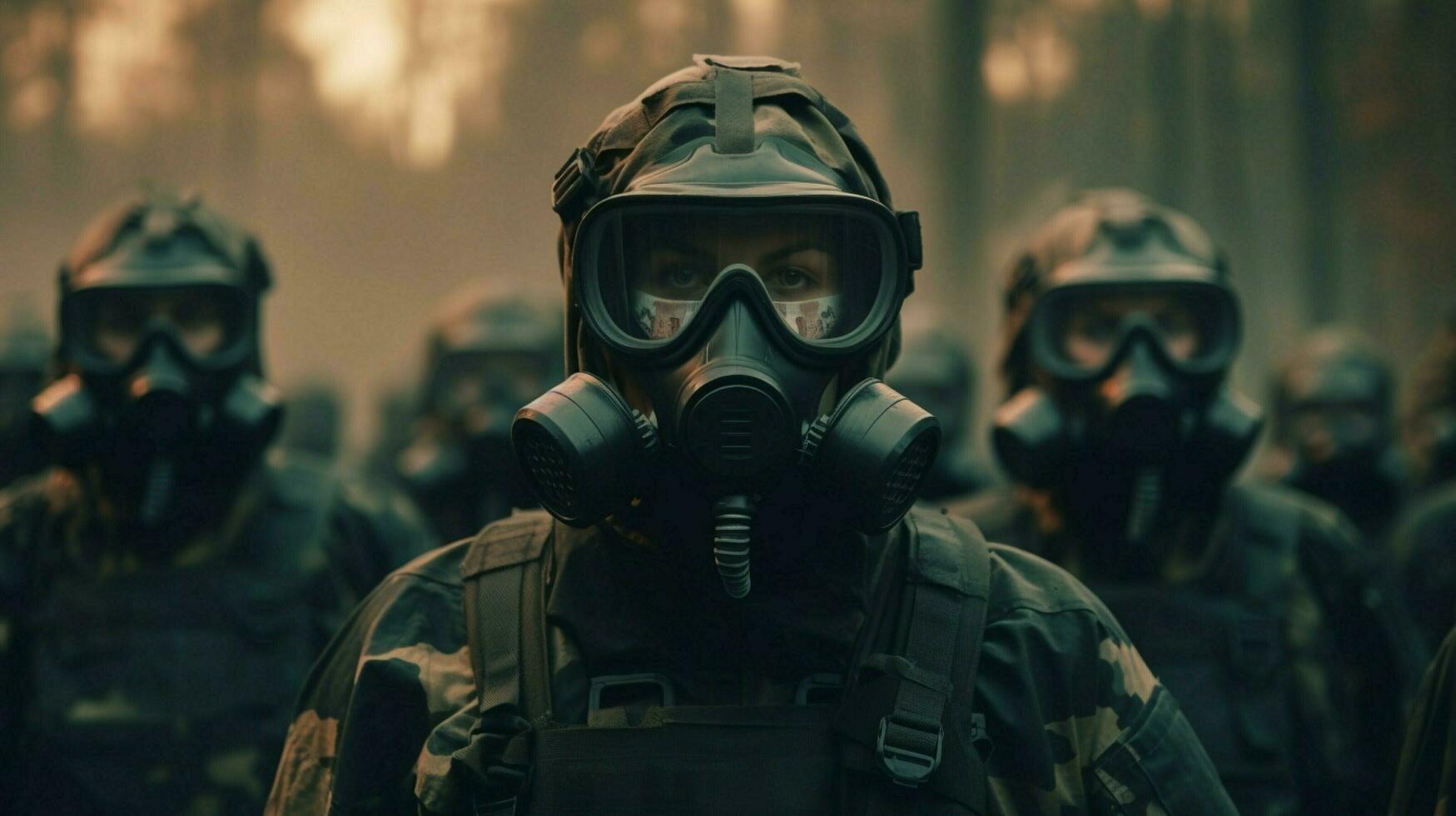 army soldiers wearing protective masks and helmets aim photo