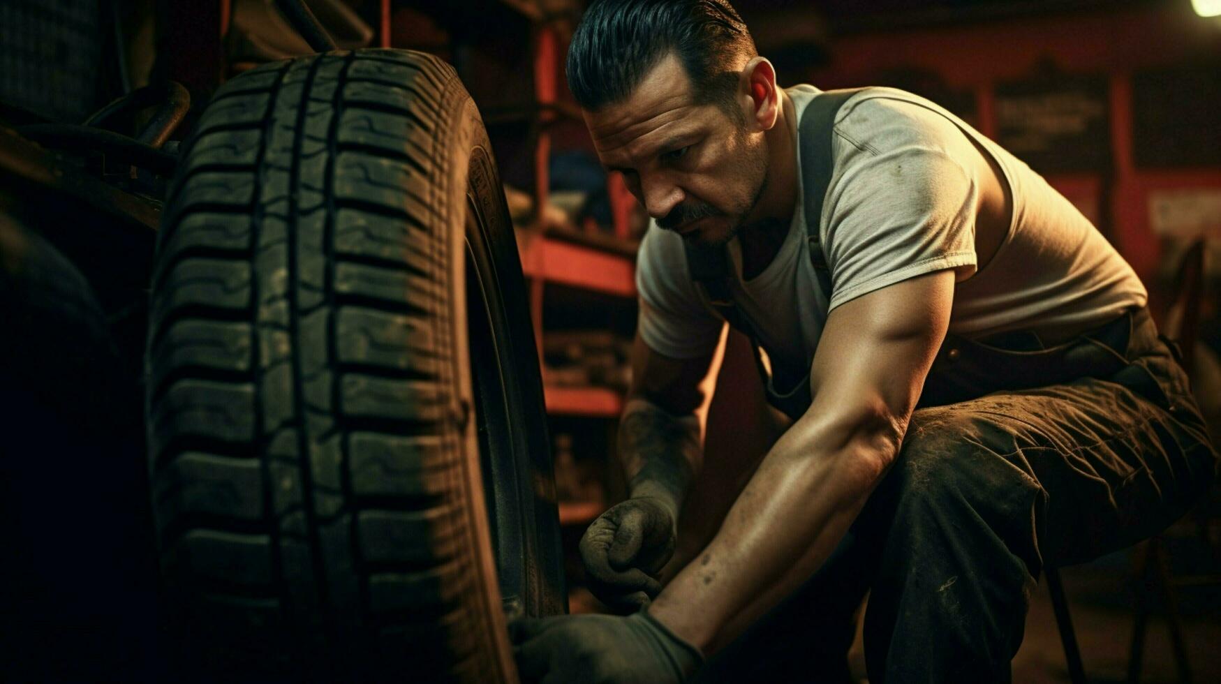 auto mechanic repairing car tire in workshop photo