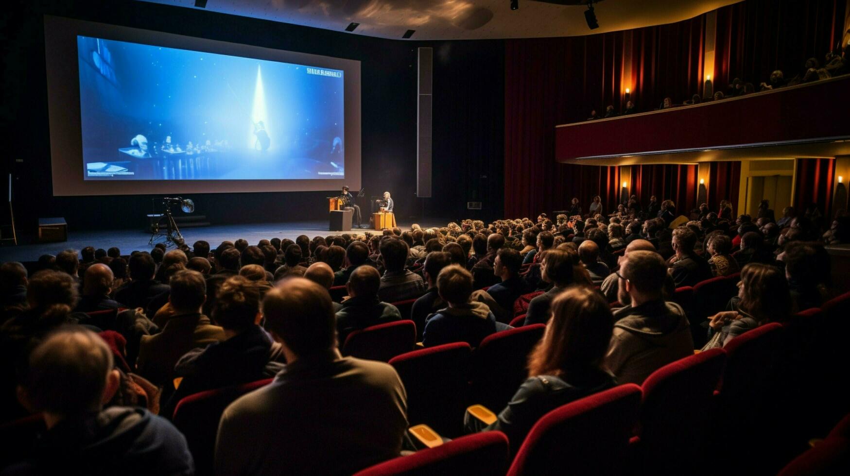 audience in auditorium watching presentation on stage photo