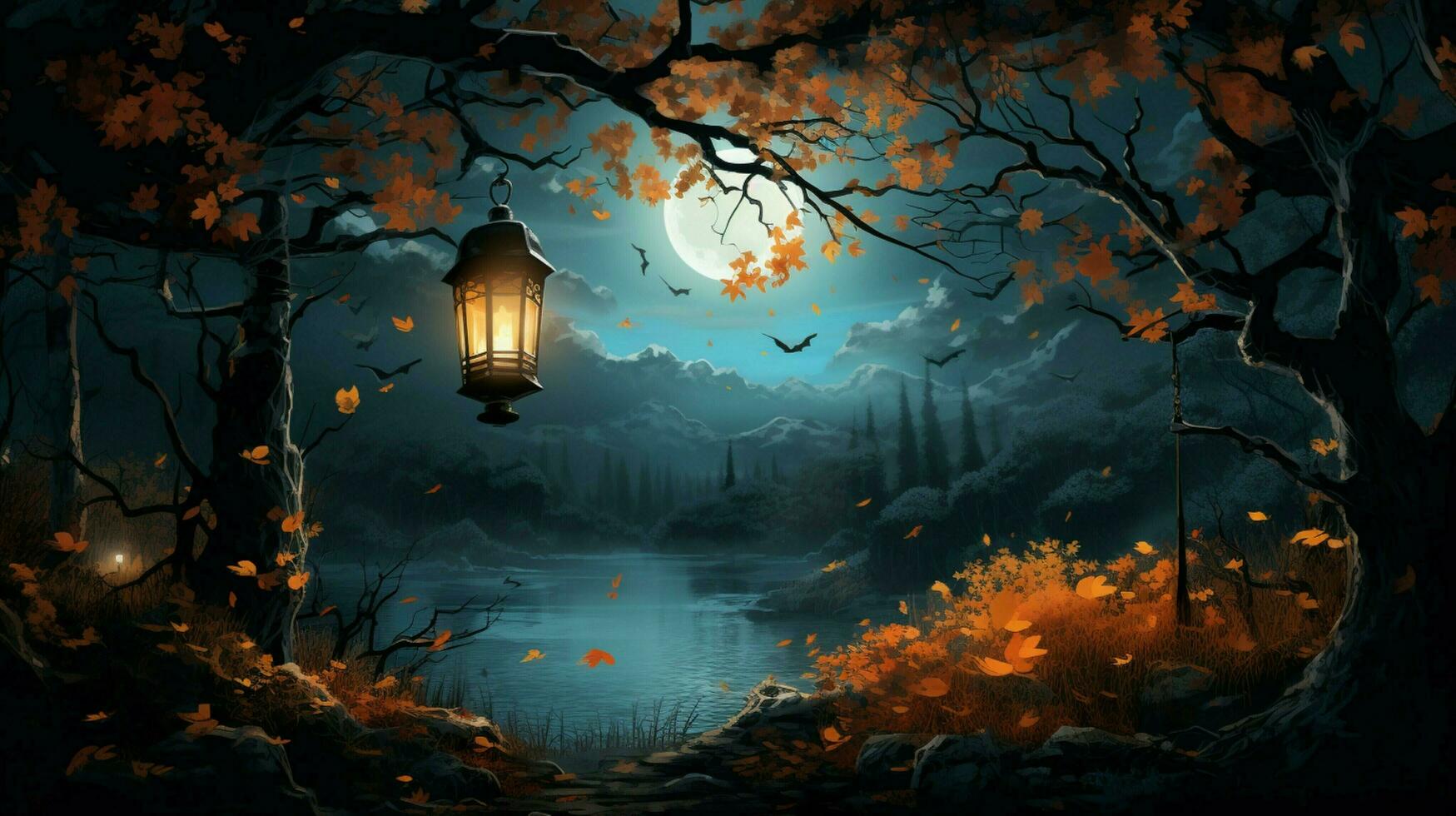 autumn night with lantern hanging scene photo