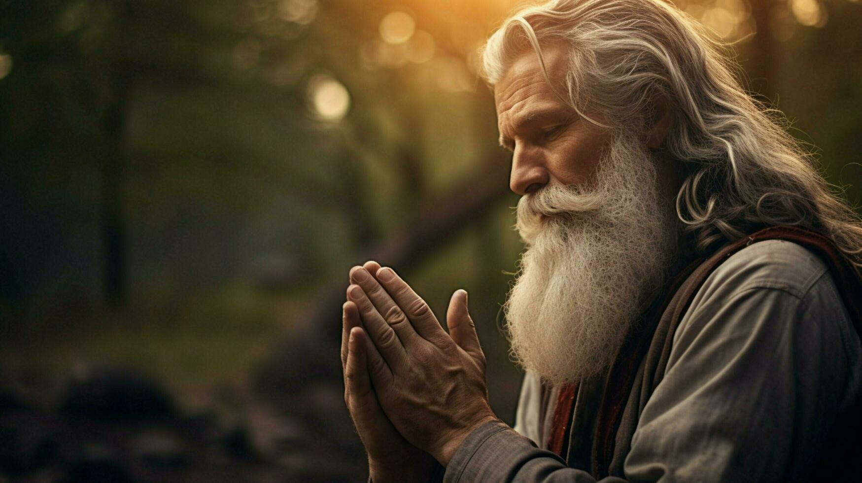bearded senior man praying to god outdoors photo