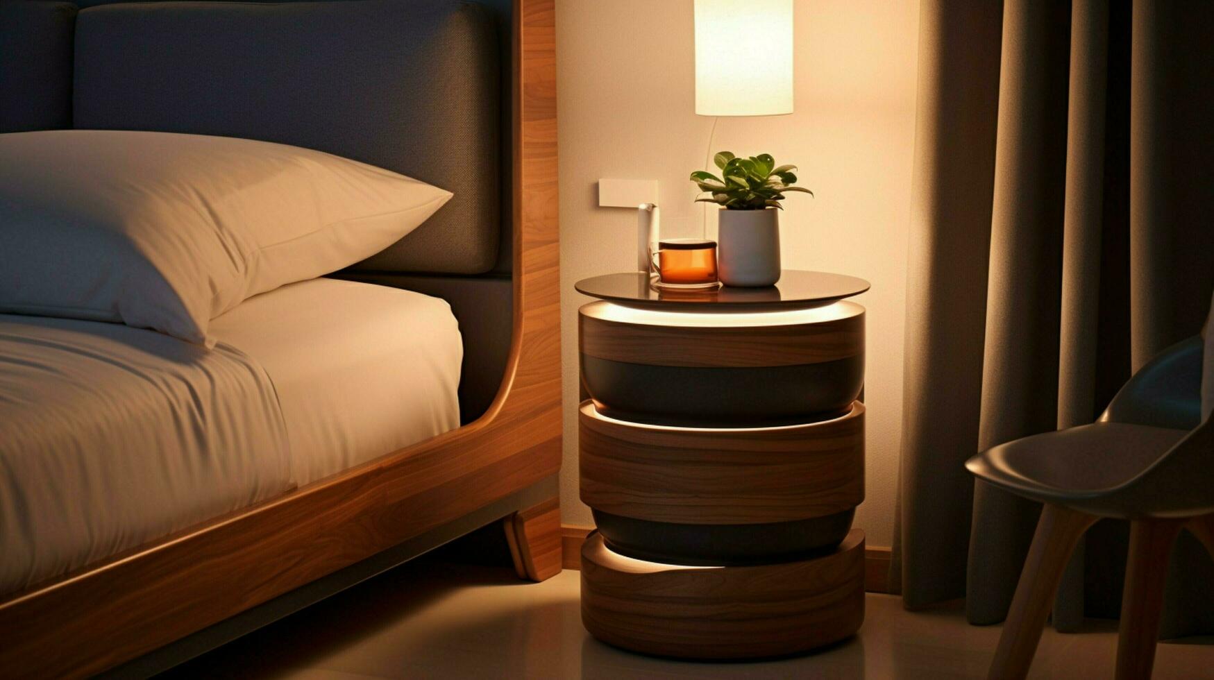 bedside table with modern tech for relaxation photo
