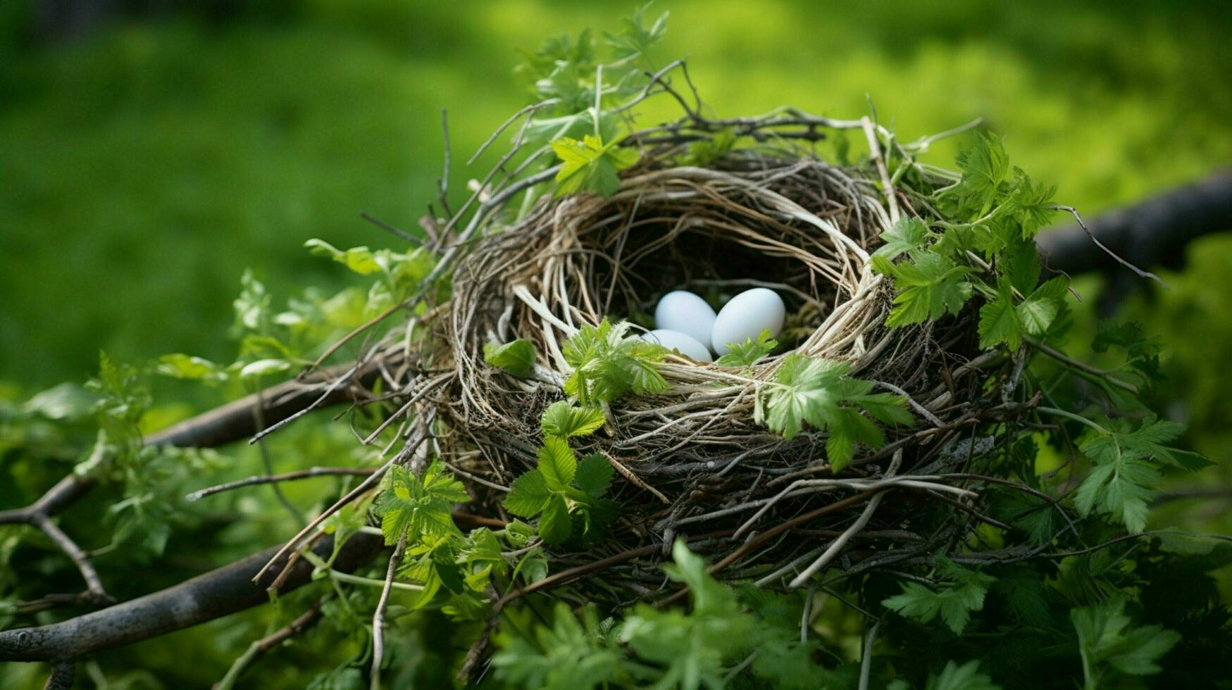 bird nest on a branch surrounded by green grass and leave photo