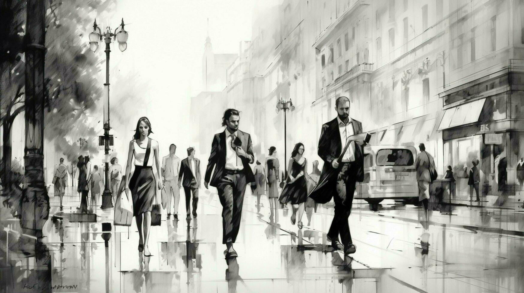 black and white city life men and women walking outdoors photo