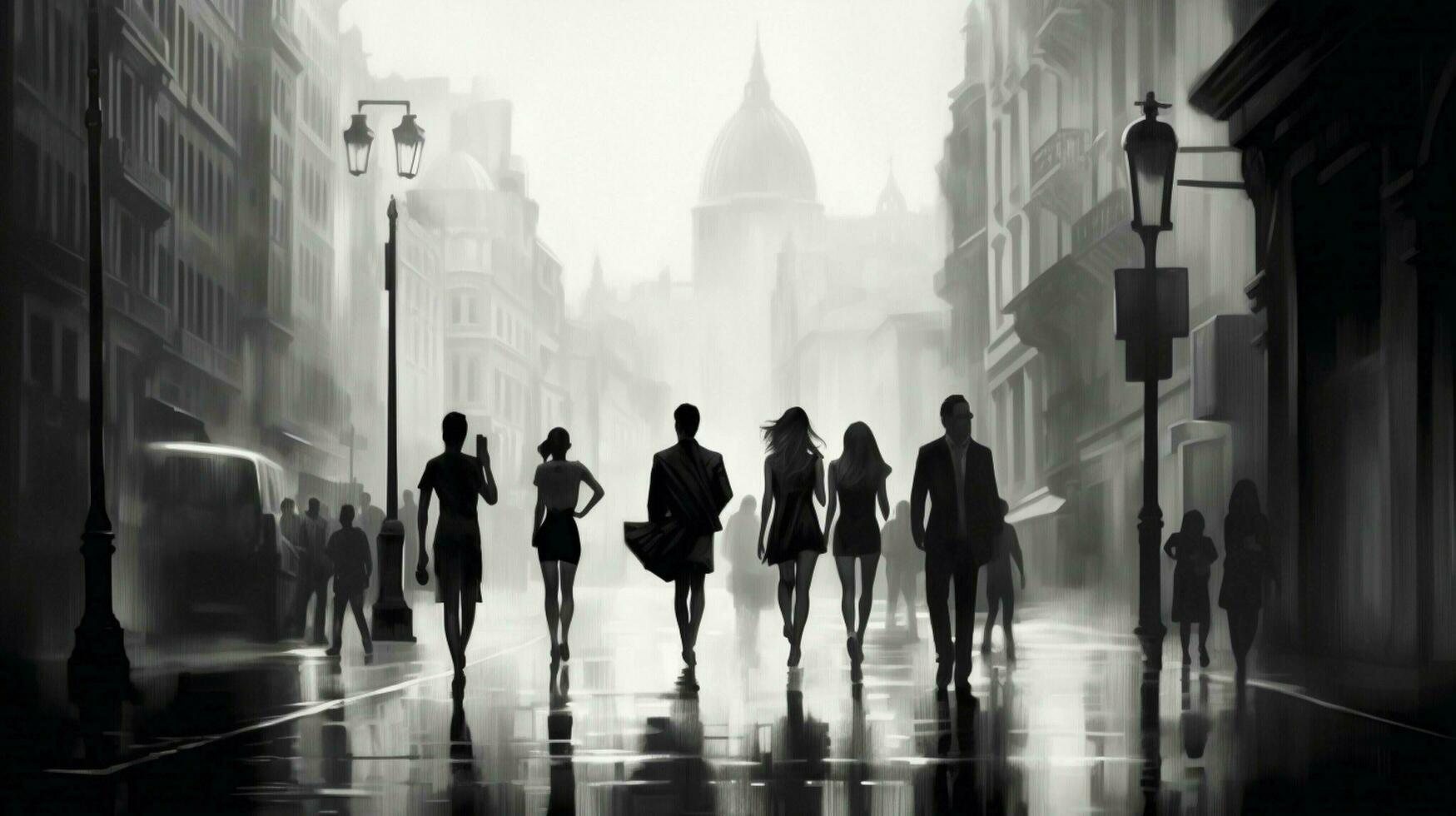 black and white city life men and women walking outdoors photo