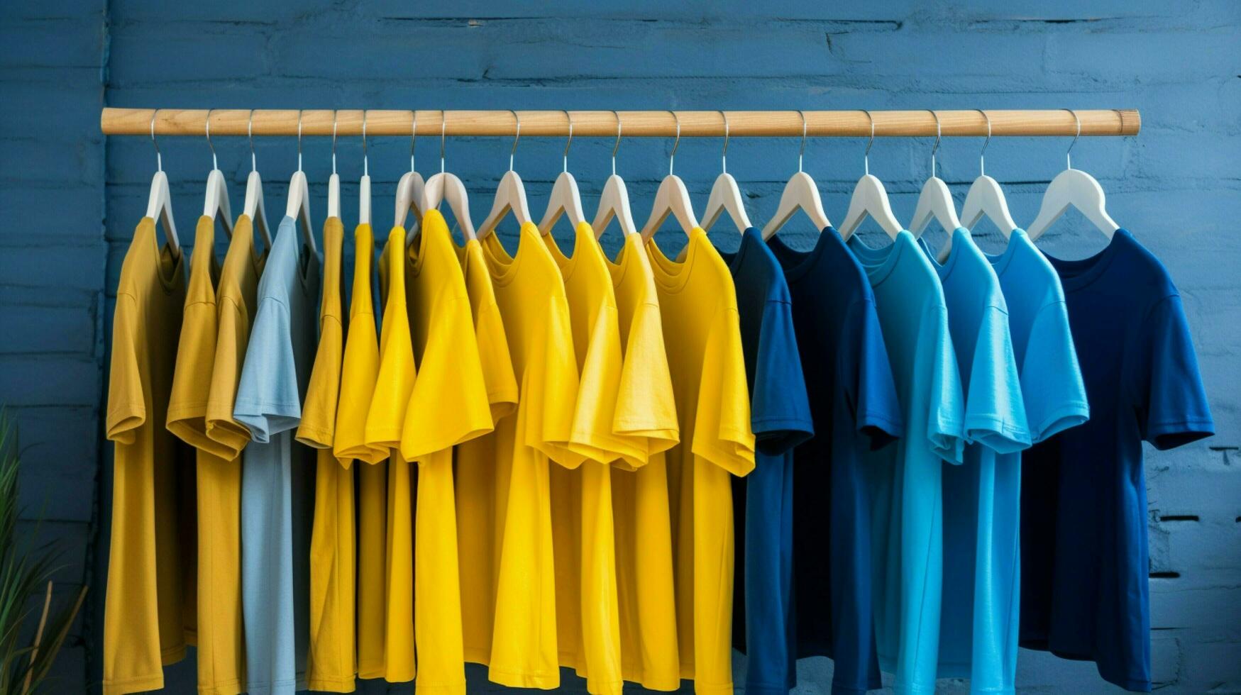 blue and yellow t shirt on wooden hanger photo