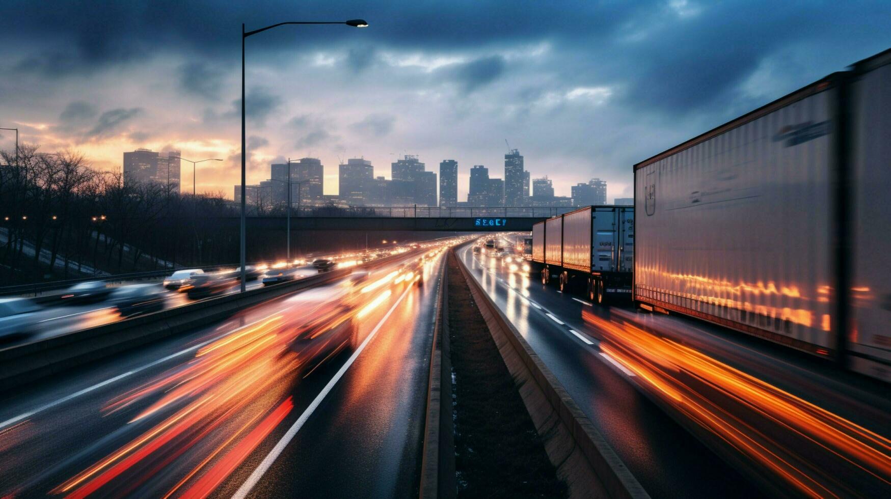 borroso faros en ocupado autopista que lleva carga foto