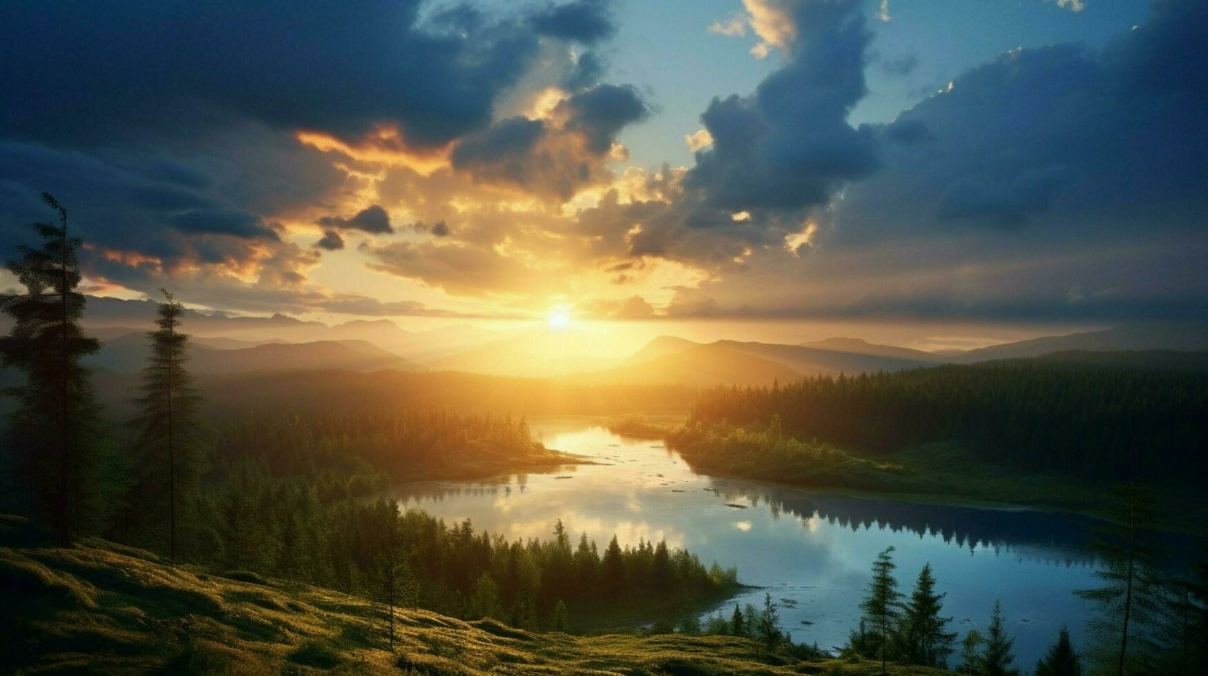 bright sunbeams illuminate tranquil nature dusk sky photo