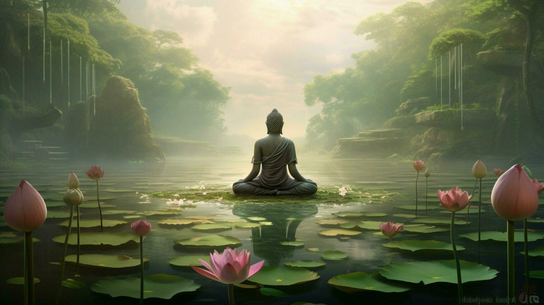 buddhist meditates by lotus pond tranquil harmony photo