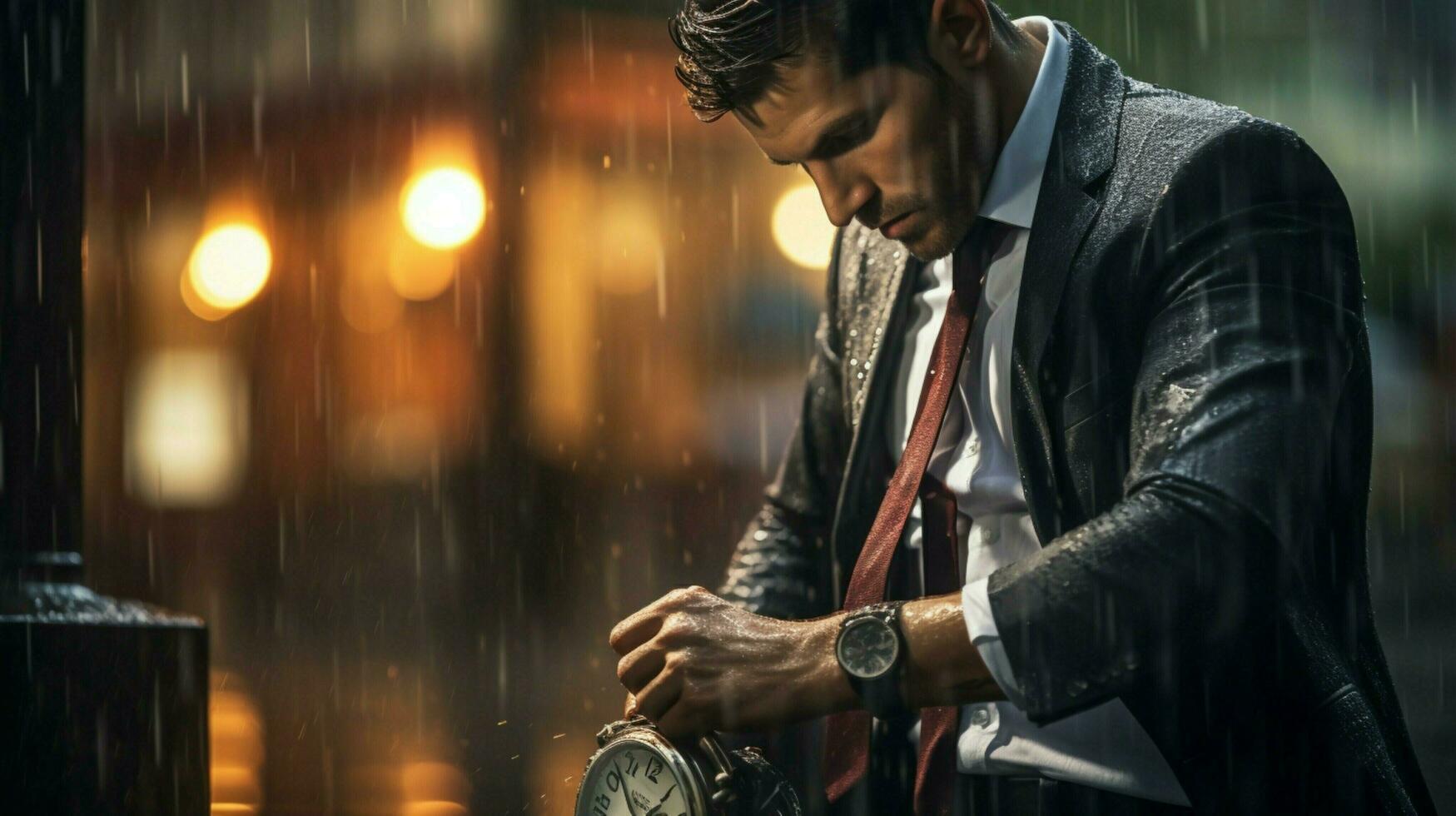 businessman in the rain checking his watch photo